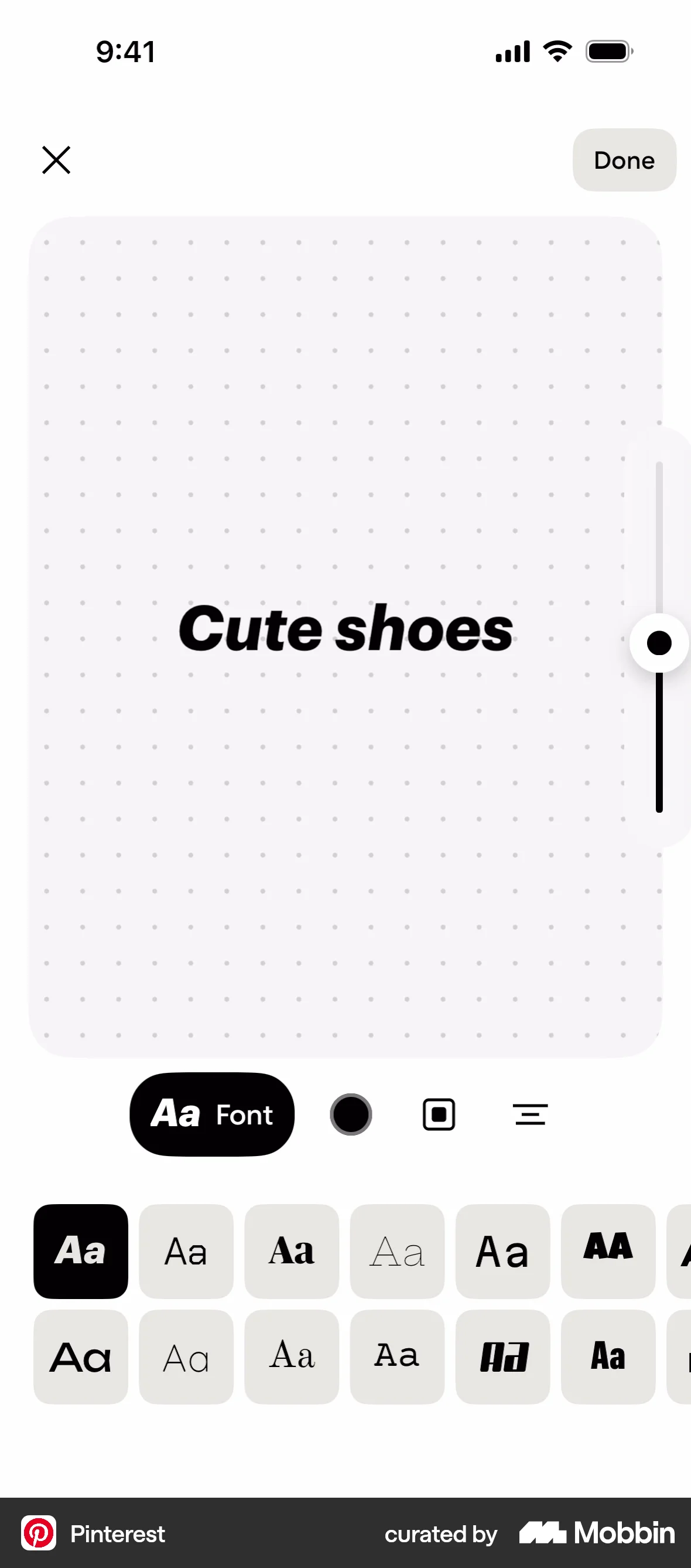 Pinterest iOS screen containing Slider UI element
