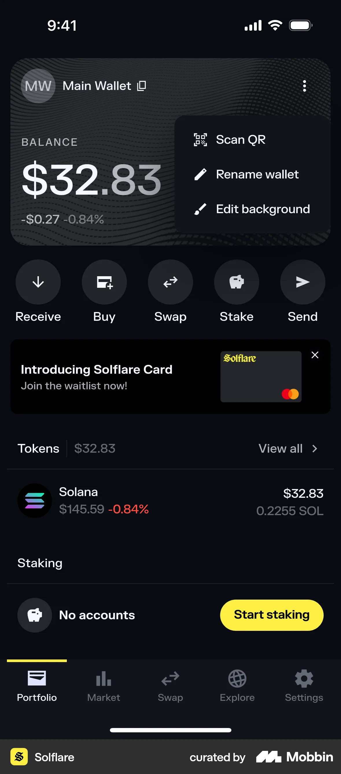 Solflare iOS screen containing Dropdown Menu UI element