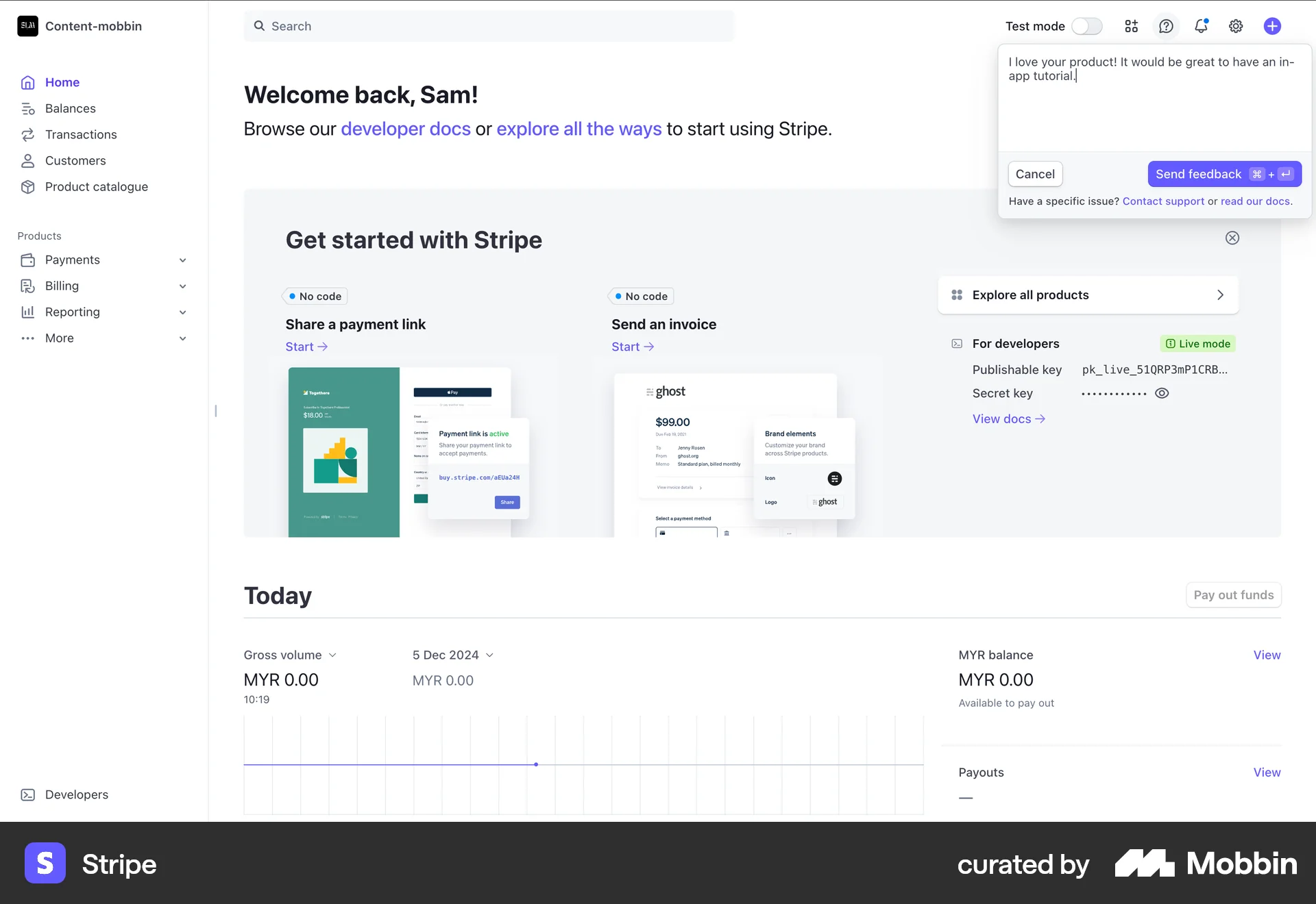 Stripe Web screen containing Popover UI element