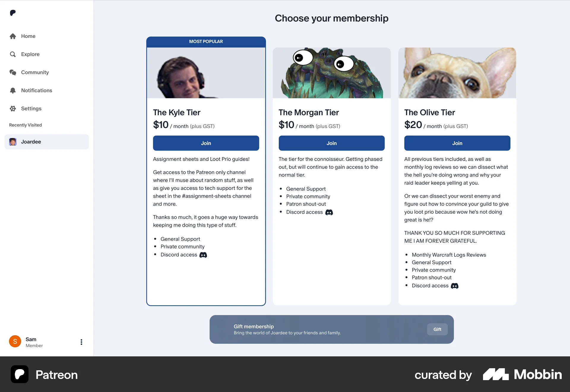 Patreon Web Pricing screen