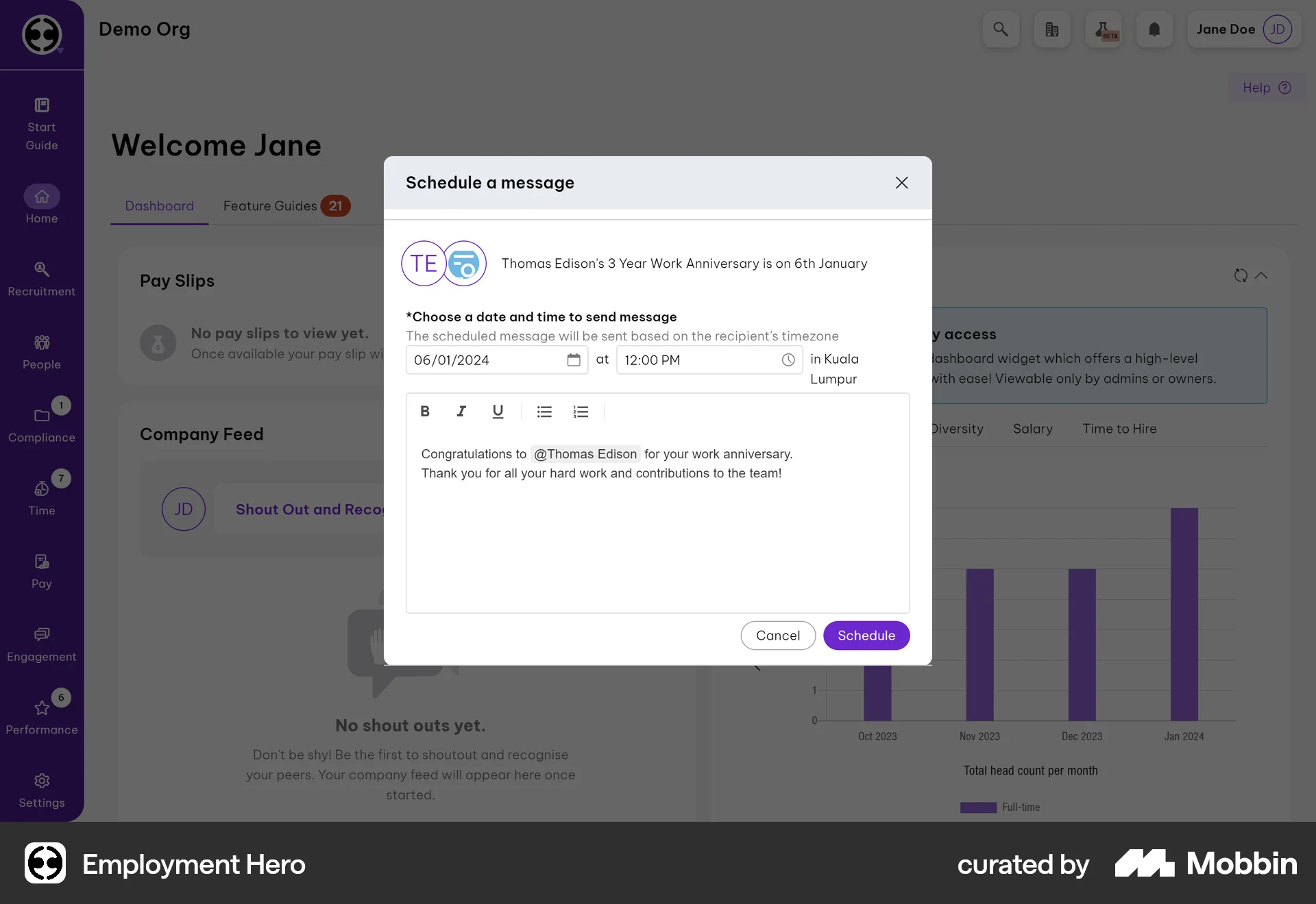 Employment Hero Web Schedule screen
