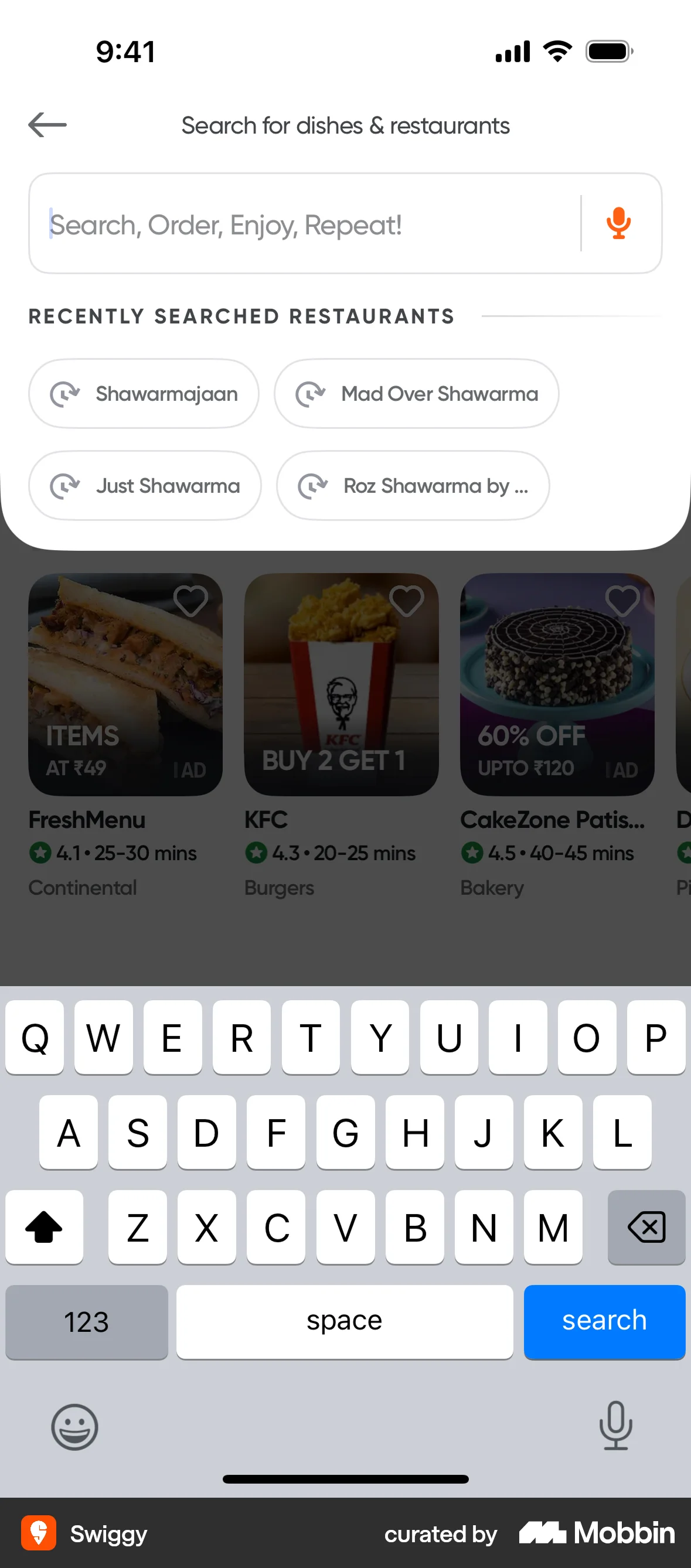 Swiggy iOS screen containing Search Bar UI element
