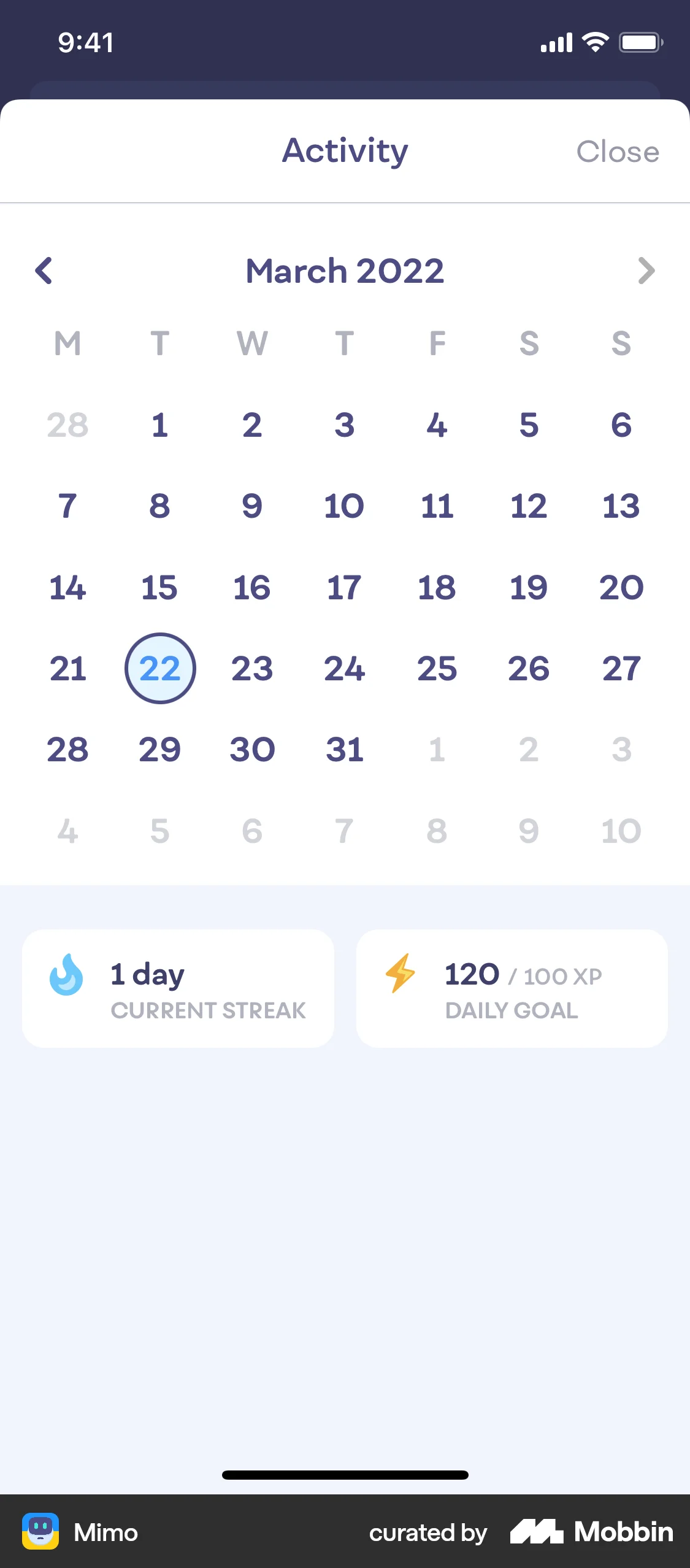 Mimo iOS Calendar screen