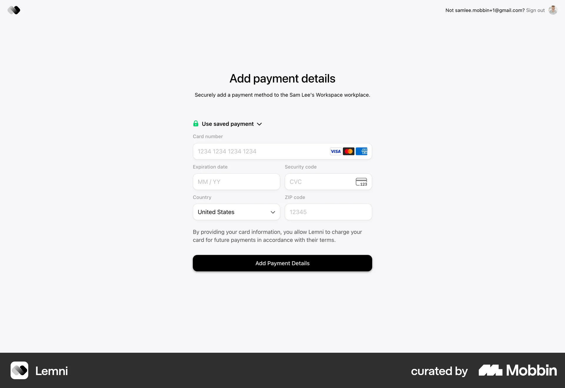 Lemni Web Checkout screen