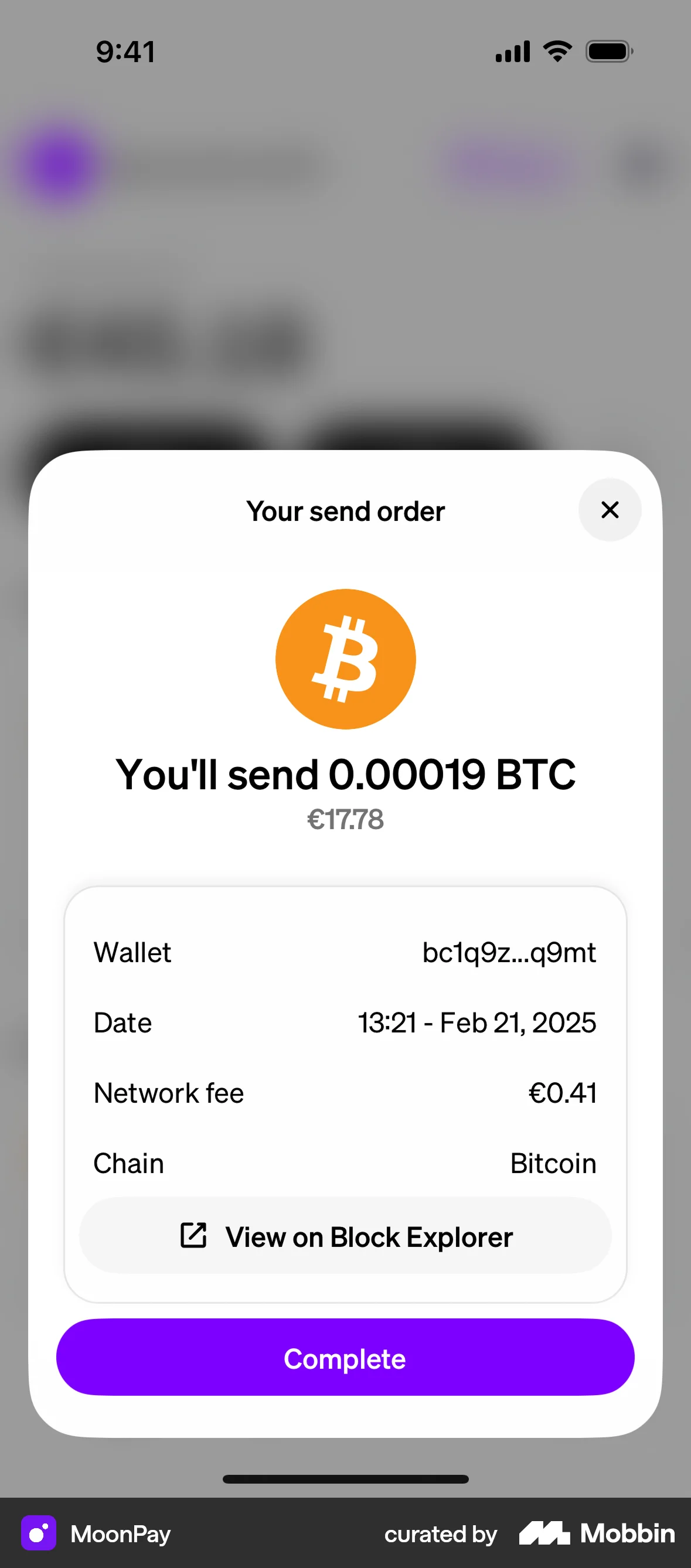 MoonPay iOS Order Confirmation screen