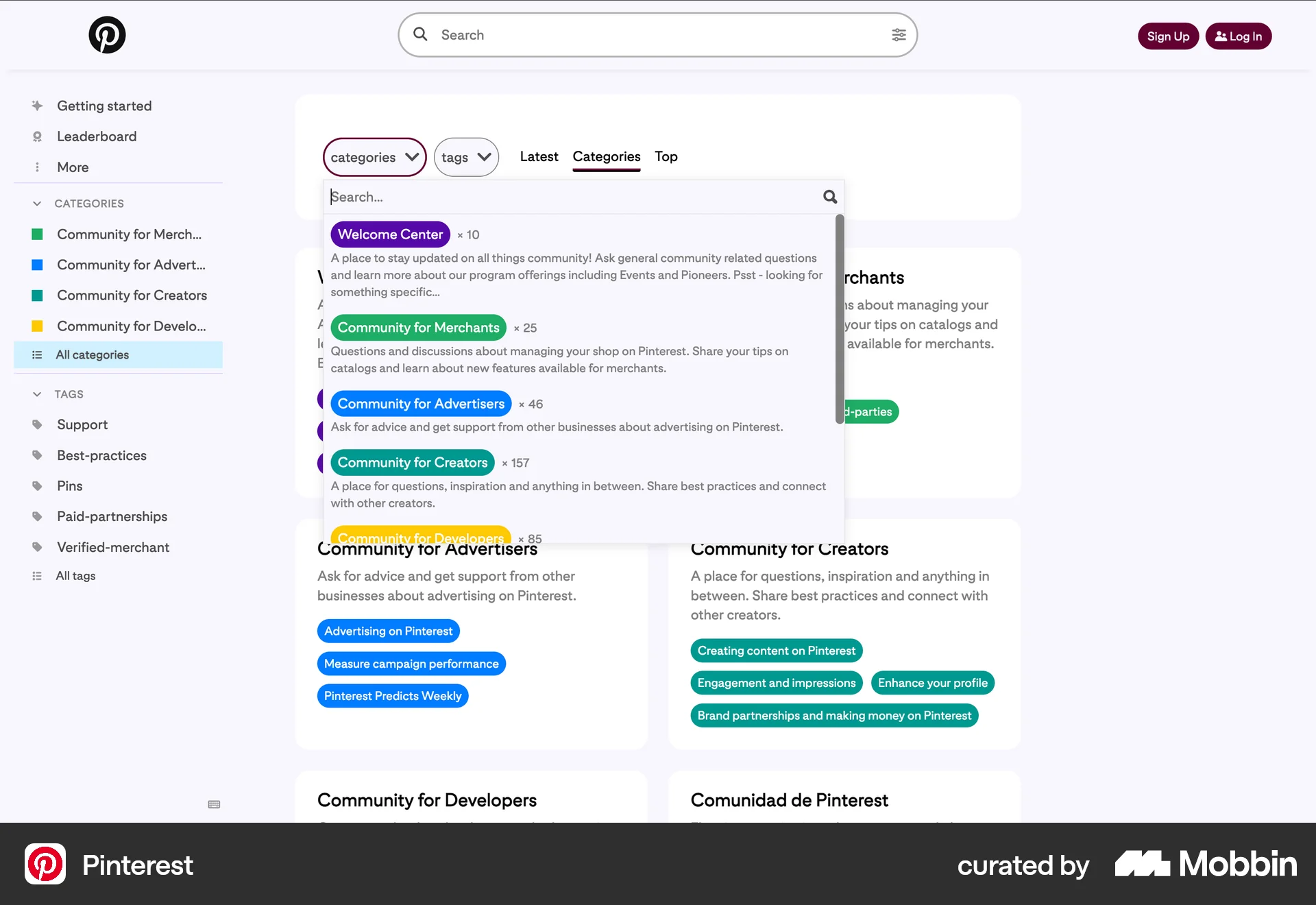 Pinterest Web screen containing Combobox UI element
