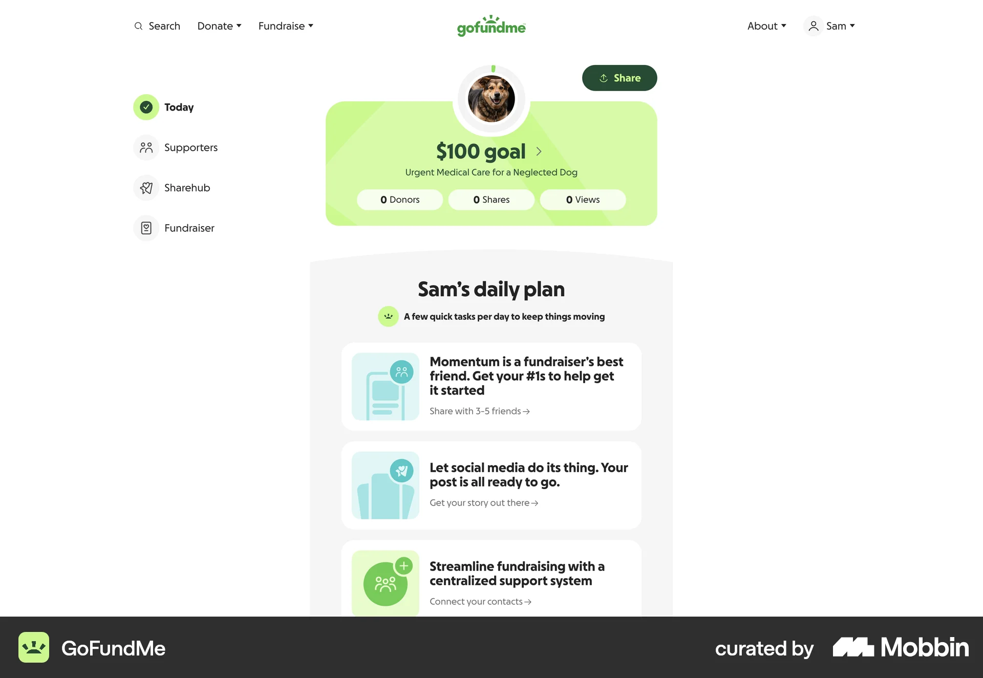 GoFundMe Web Dashboard screen
