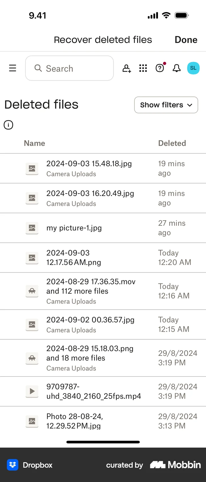 Trop Box Element Dropbox iOS Deleted Files List | Mobbin