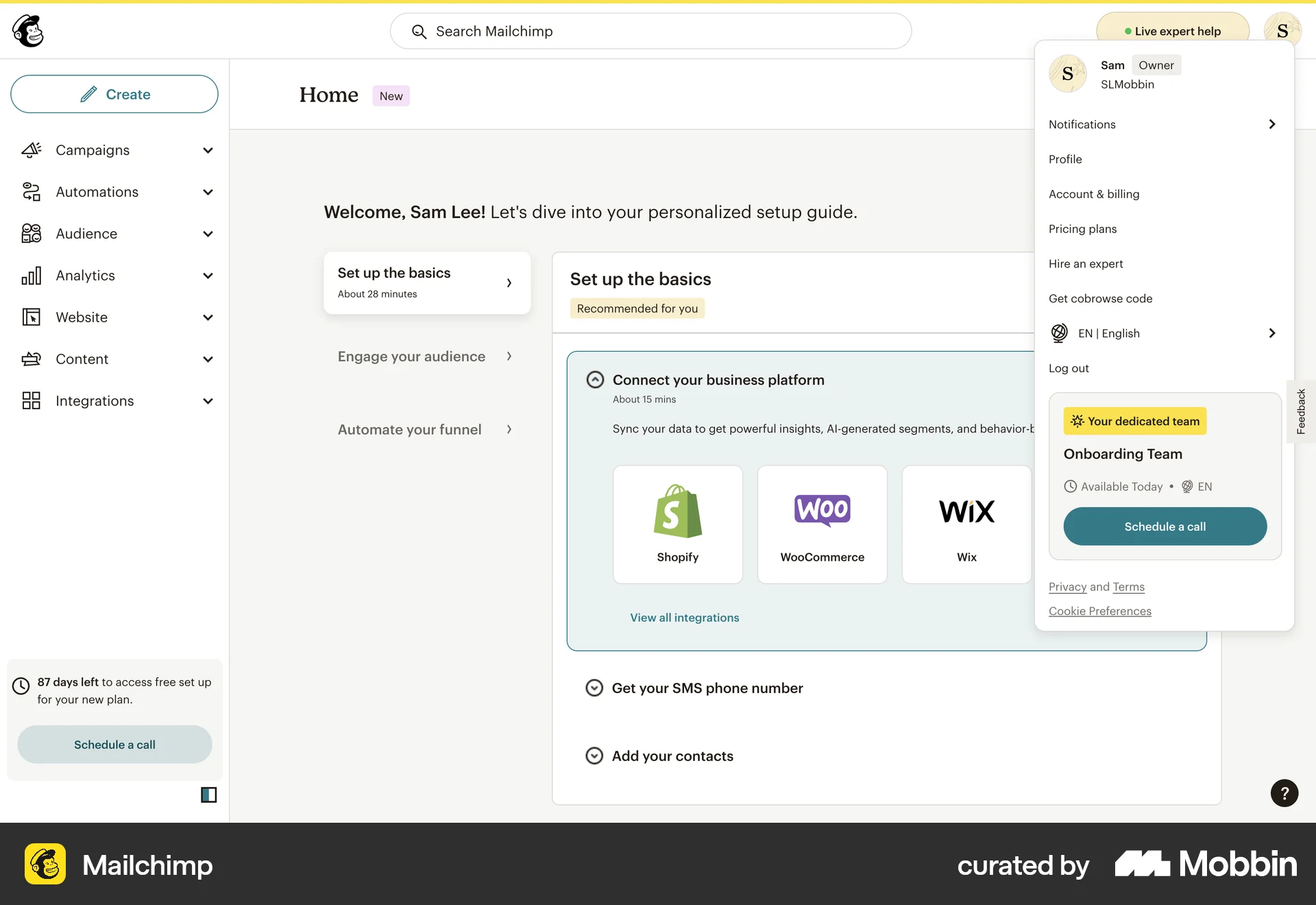 Mailchimp Web screen containing Dropdown Menu UI element