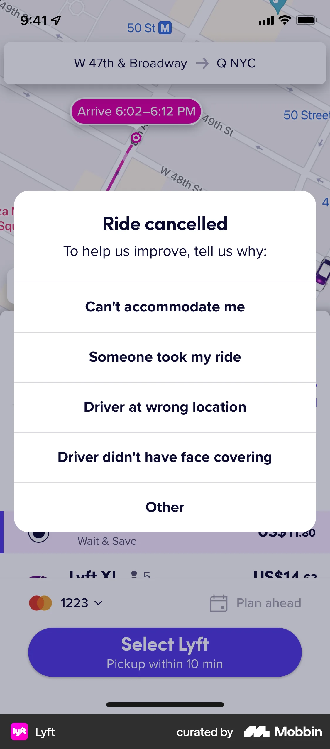 Lyft iOS Feedback screen
