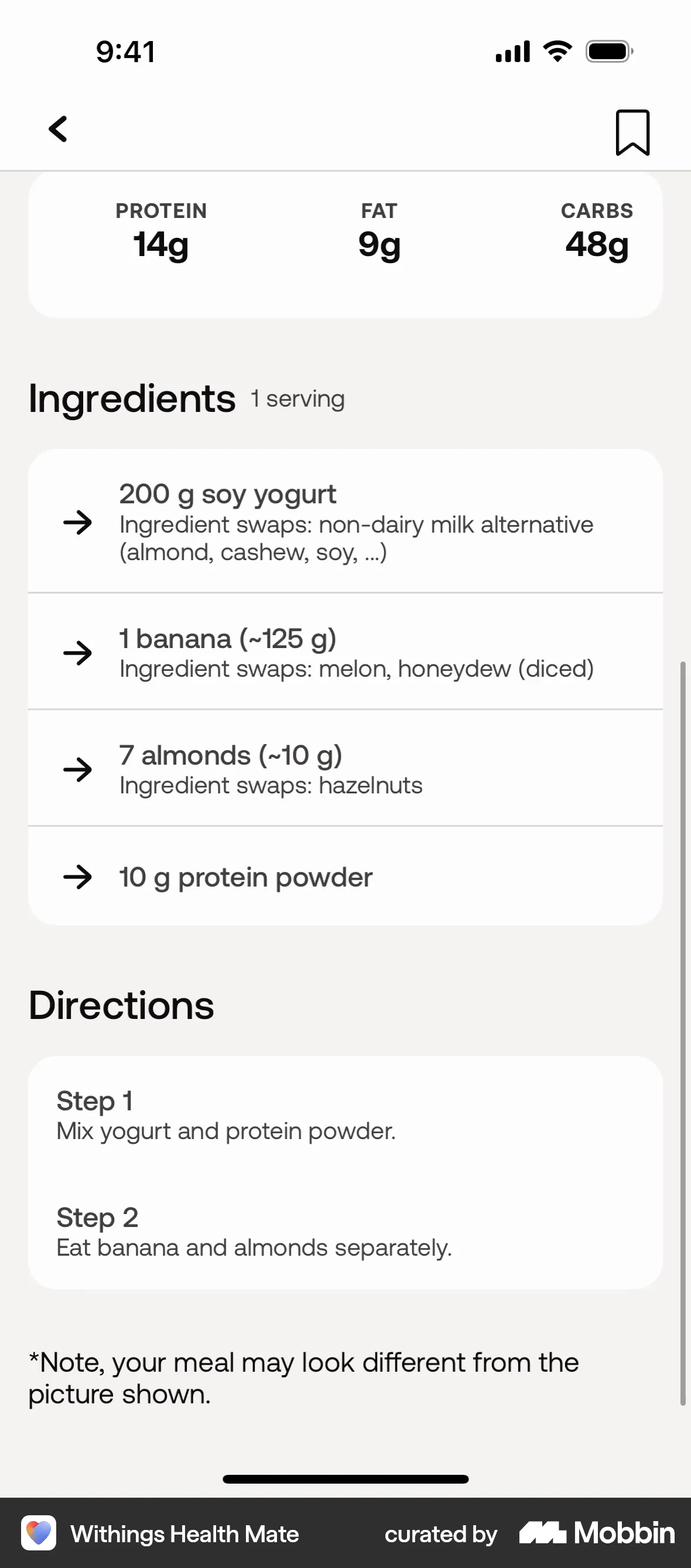 Withings Health Mate iOS Recipe Detail screen