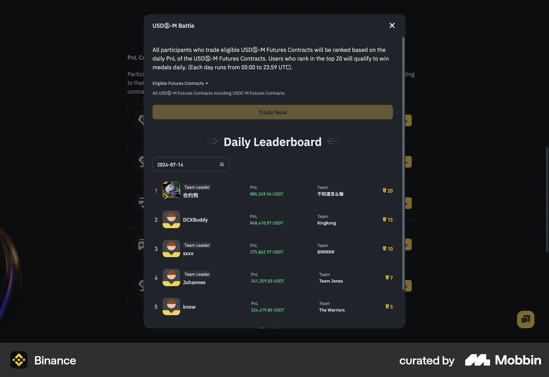 Binance Web Leaderboard screen