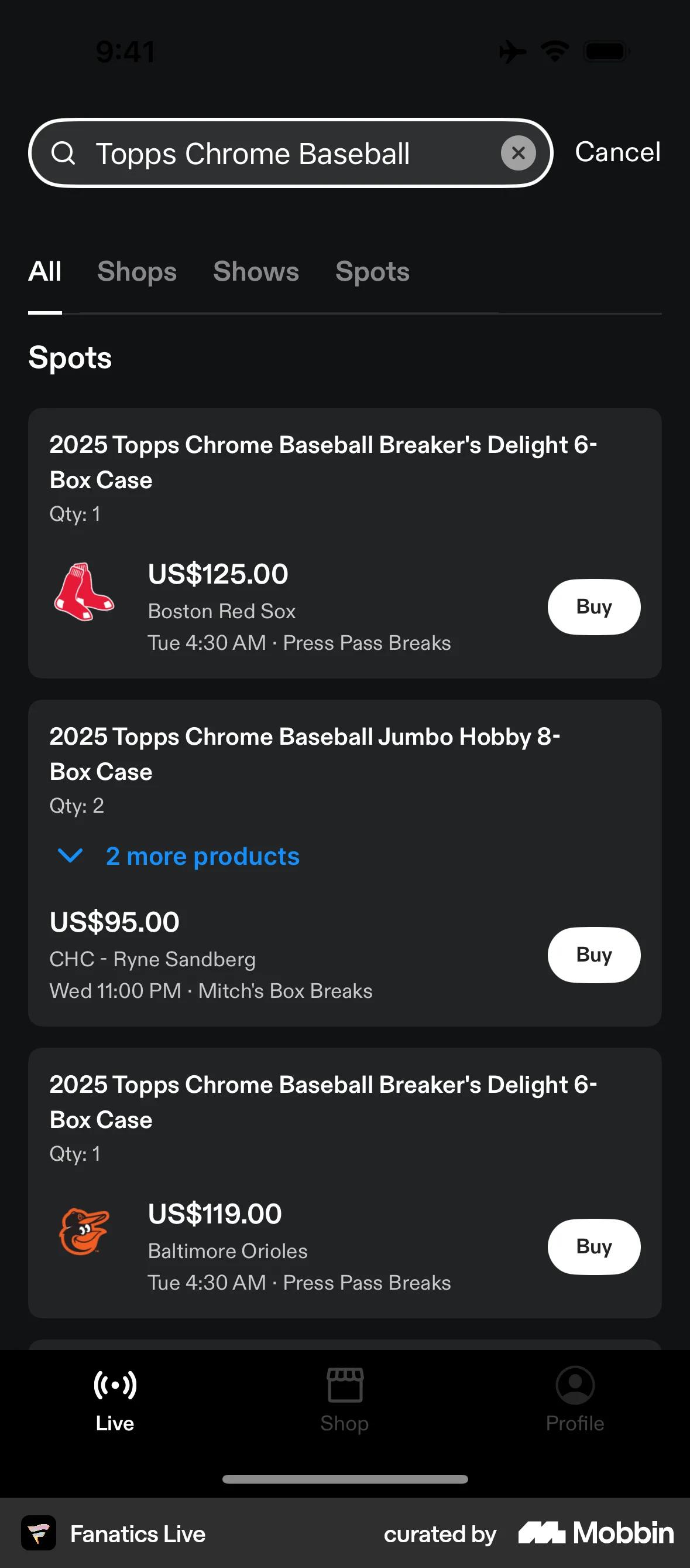 Fanatics Live iOS Search screen
