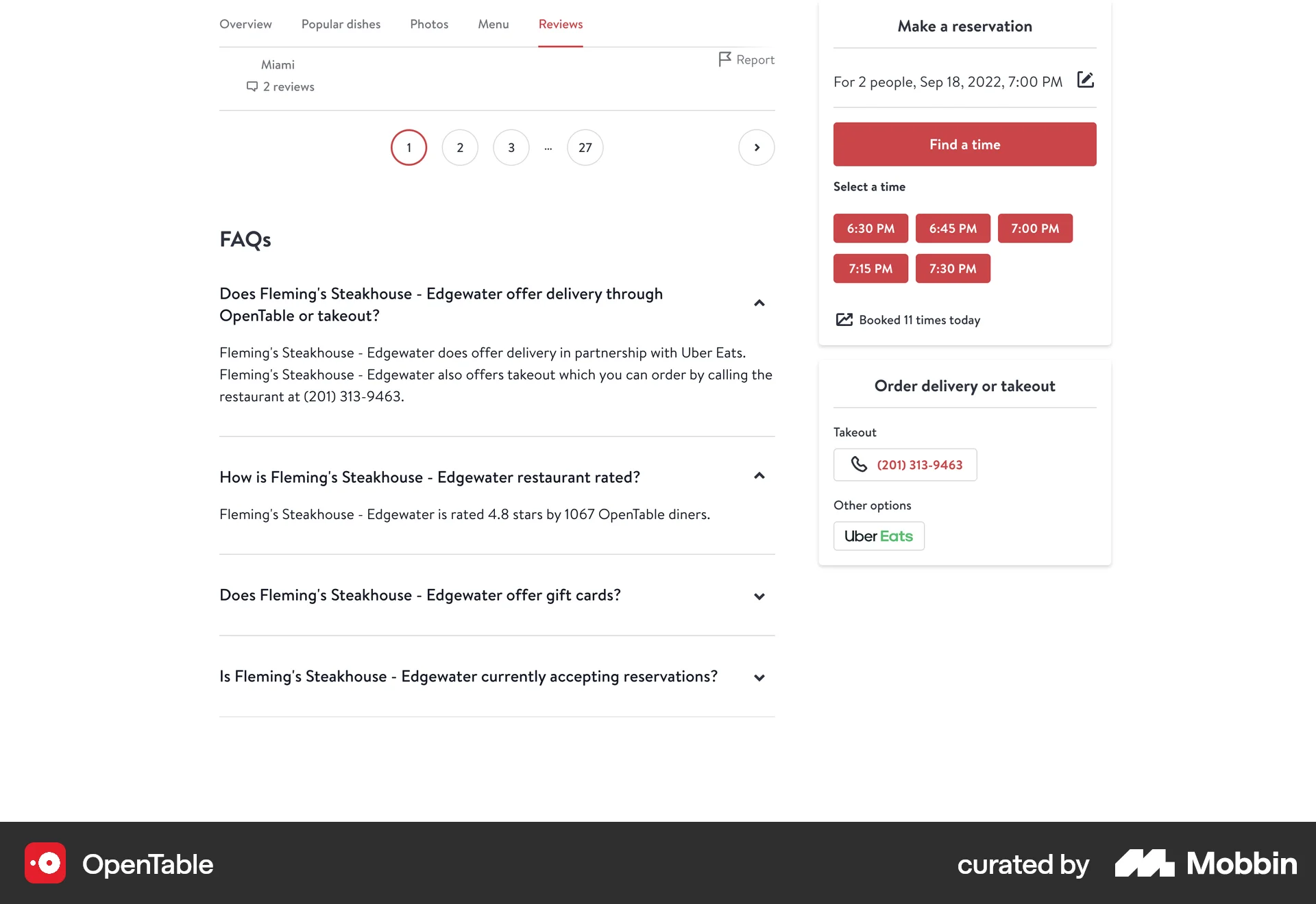 OpenTable Web Other Content screen
