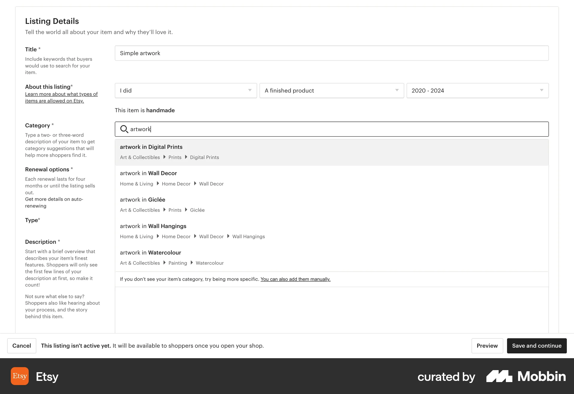 Etsy Web screen containing Combobox UI element