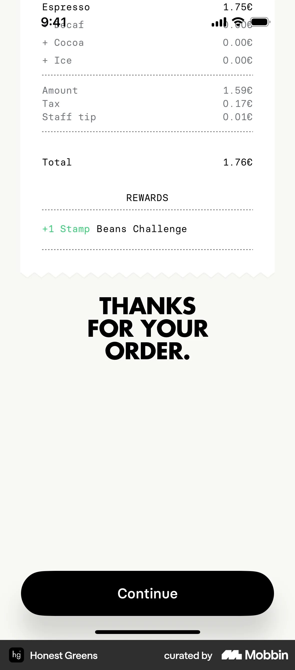 Honest Greens iOS Order Confirmation screen