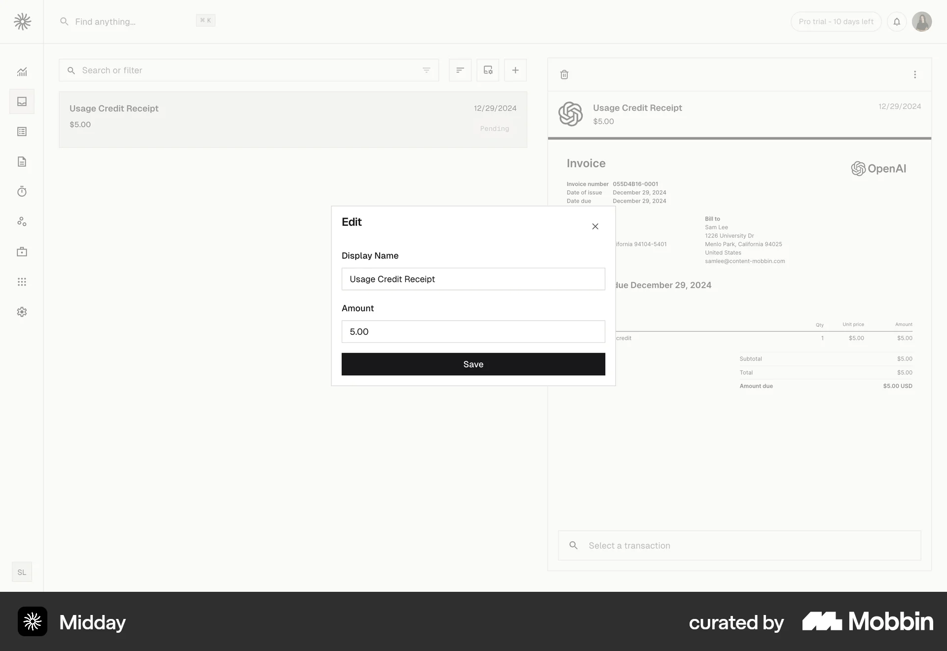 Midday Web Edit screen