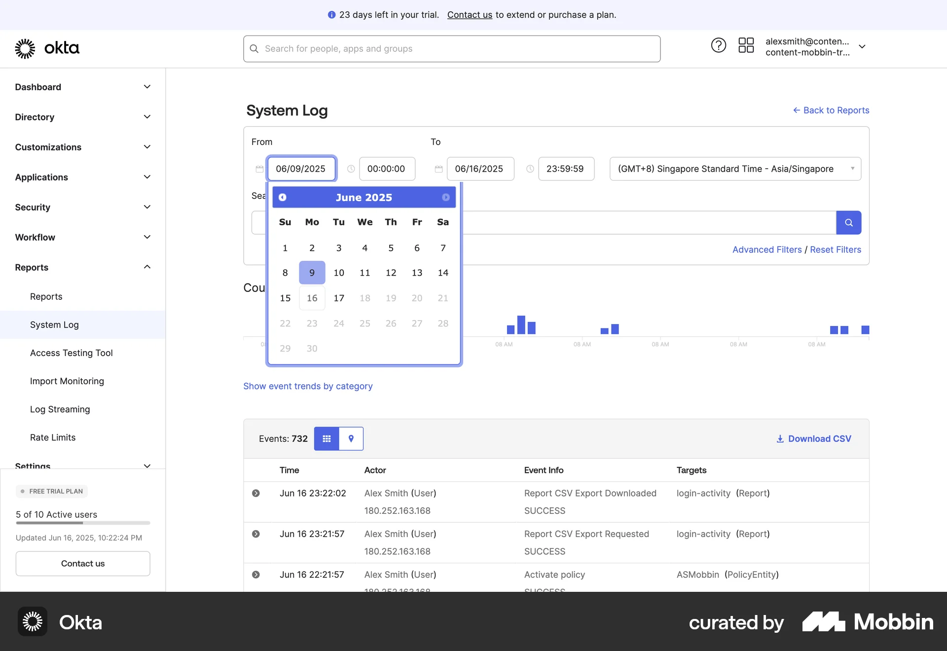 Okta Web screen containing Date Picker UI element