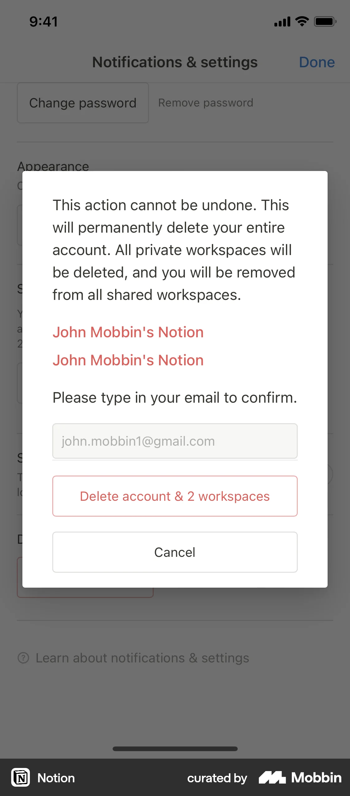 Notion iOS Delete screen