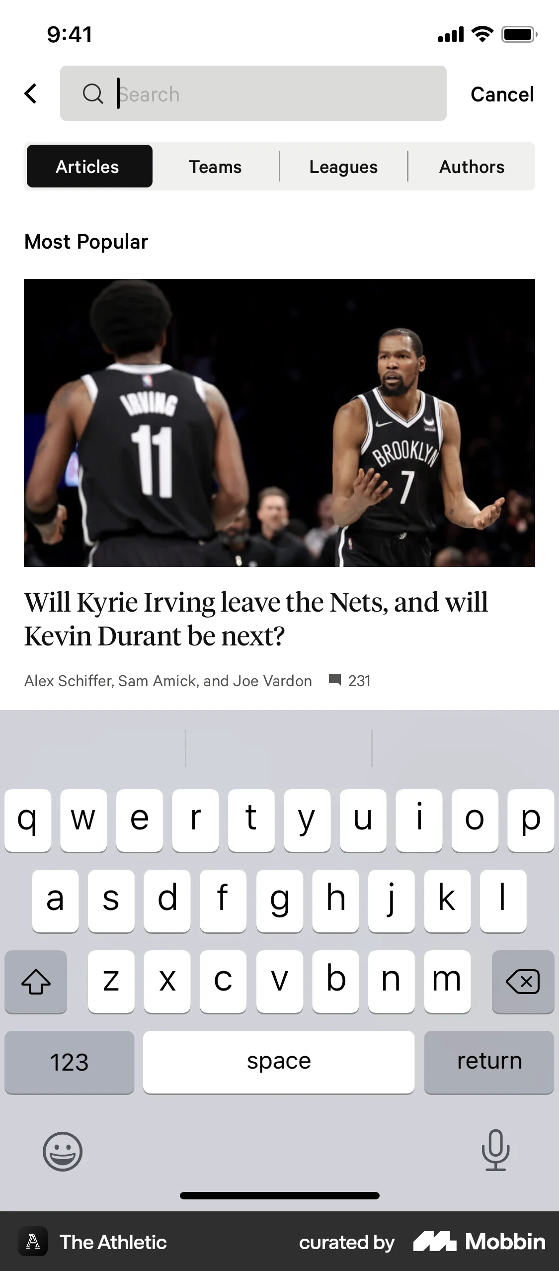 The Athletic iOS screen containing Segmented Control UI element