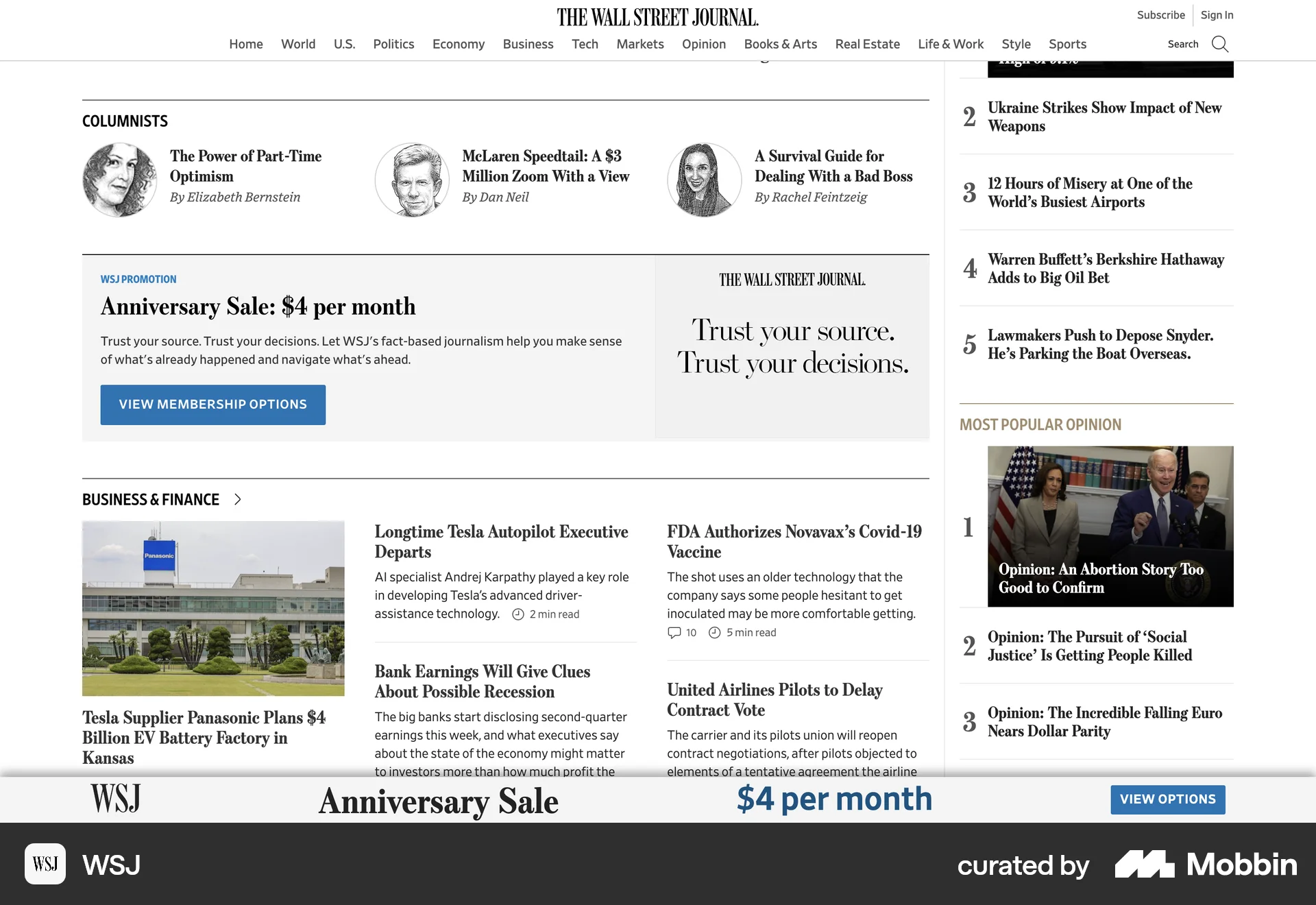 WSJ Web News Feed screen