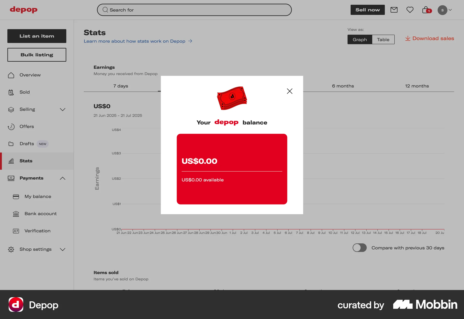 Depop Web Wallet & Balance screen