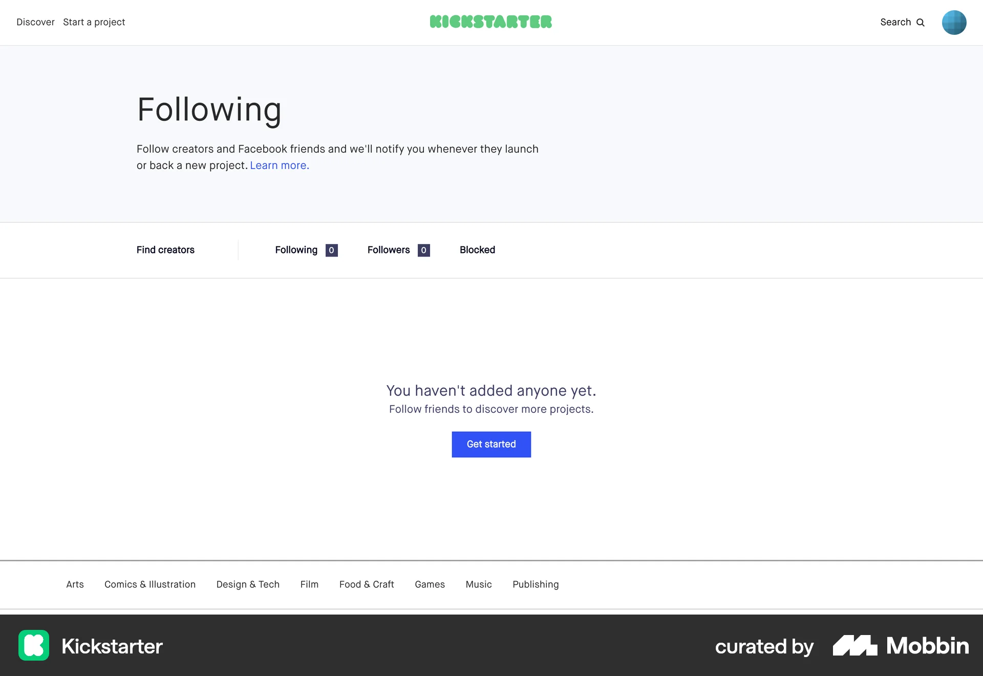 Kickstarter Web Followers & Following screen
