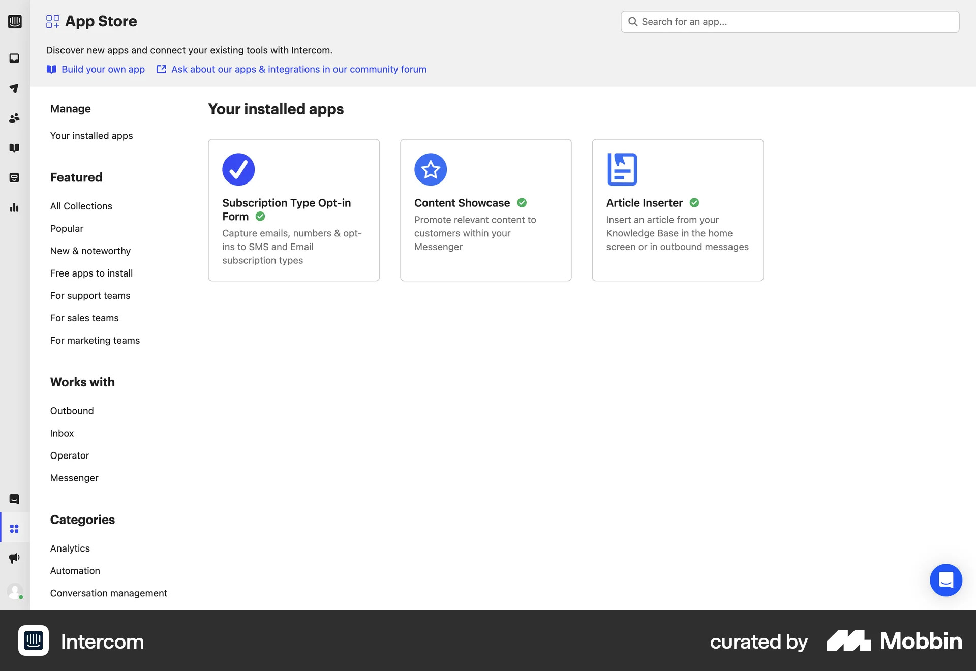 Intercom Web Bookmarks & Collections screen
