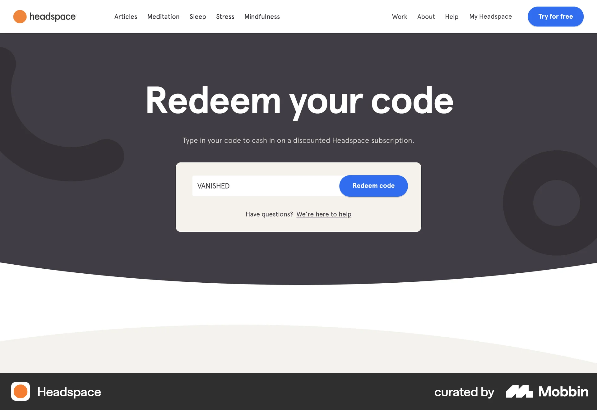 Headspace Web Promotions & Rewards screen