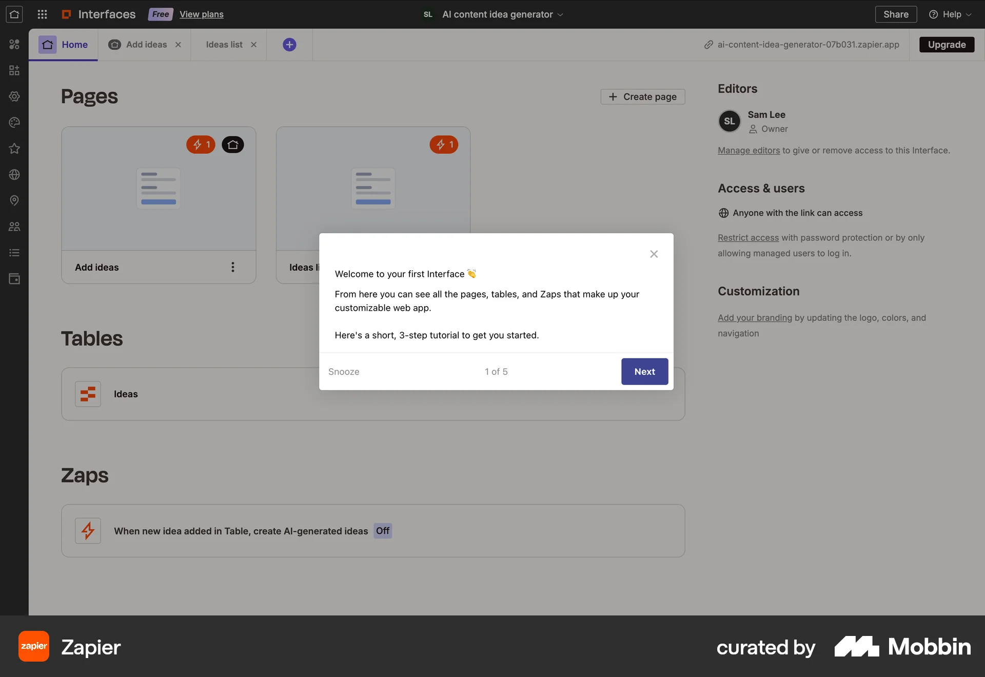 Zapier Web screen containing Coach Marks UI element