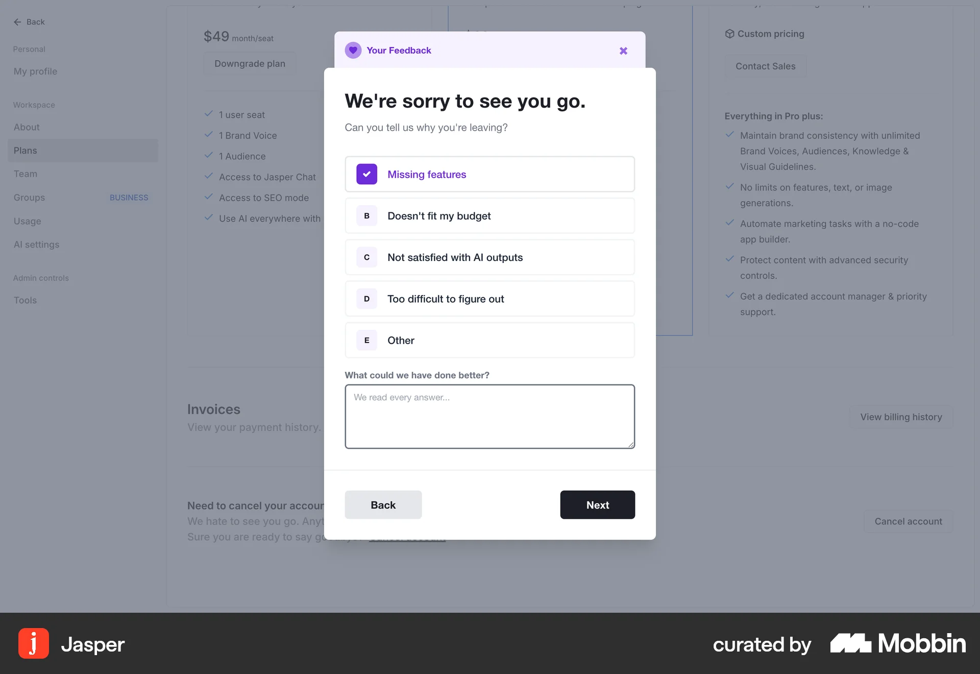 Jasper Web Cancel screen