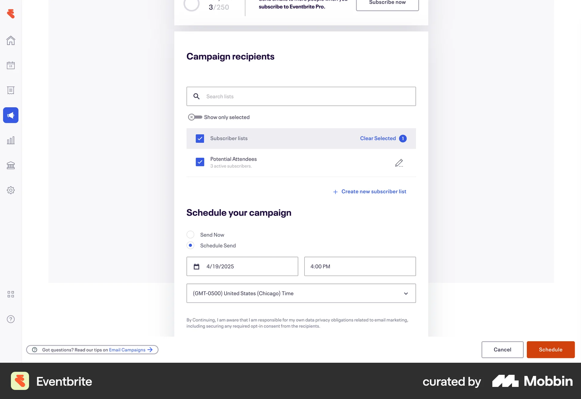 Eventbrite Web Schedule screen
