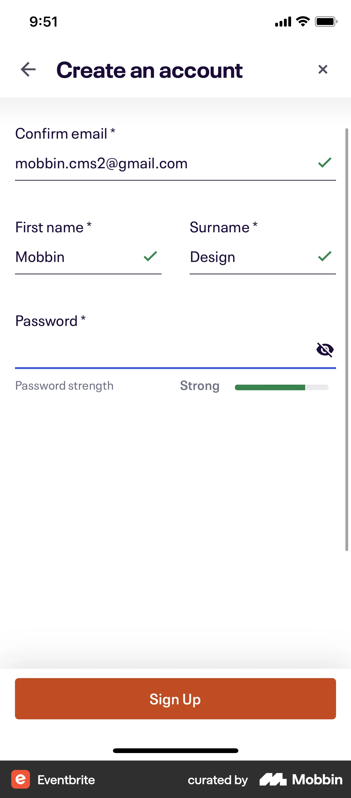 Eventbrite iOS Signup screen