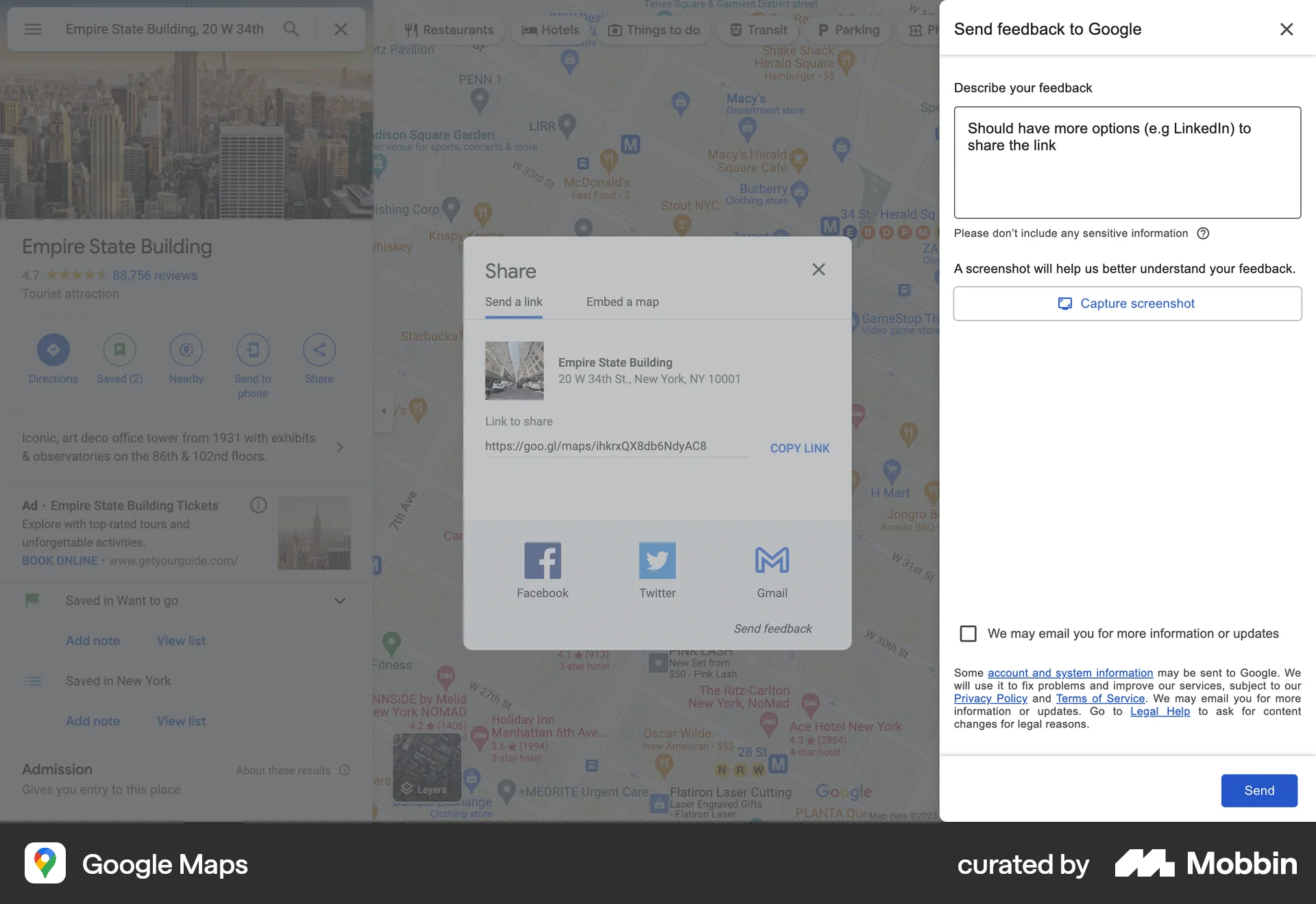 Google Maps Web Feedback screen