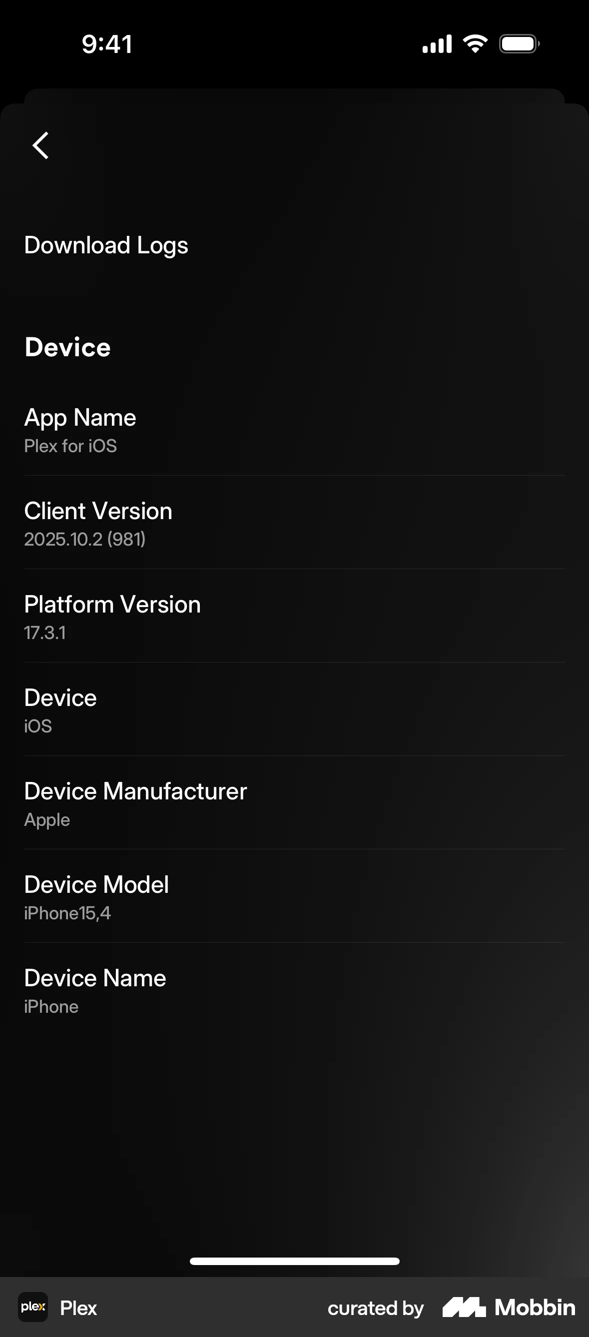 Plex iOS About screen