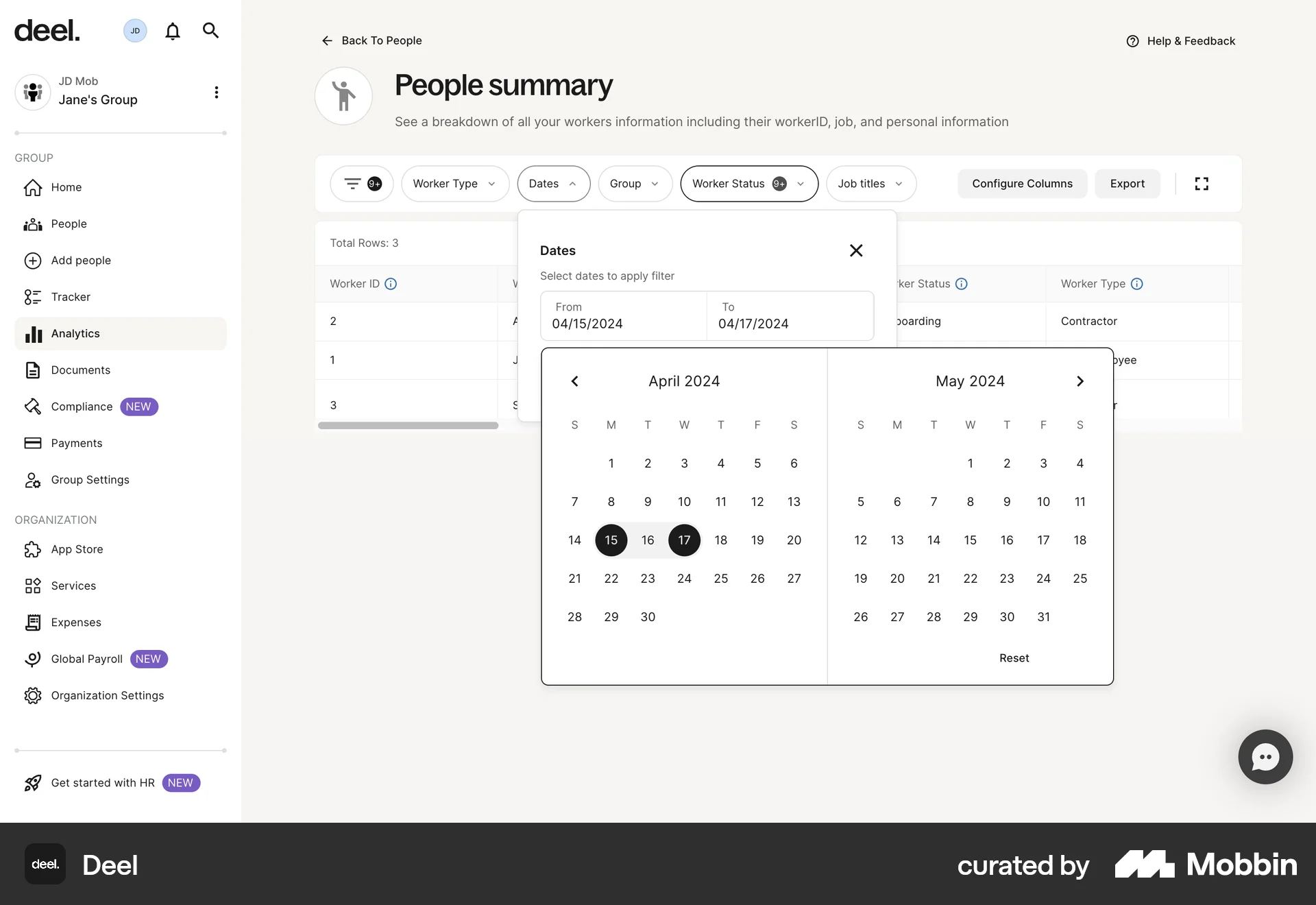 Deel Web Calendar screen