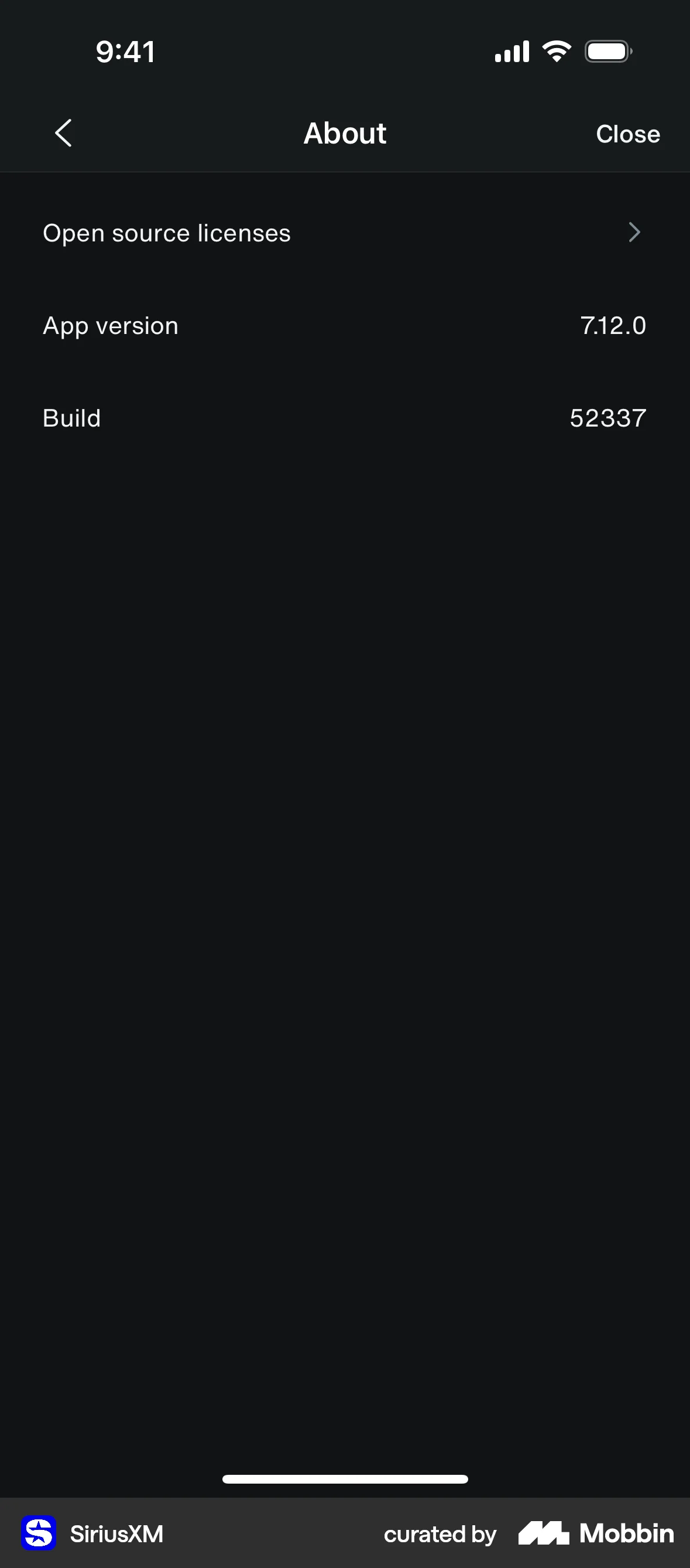 SiriusXM iOS About screen