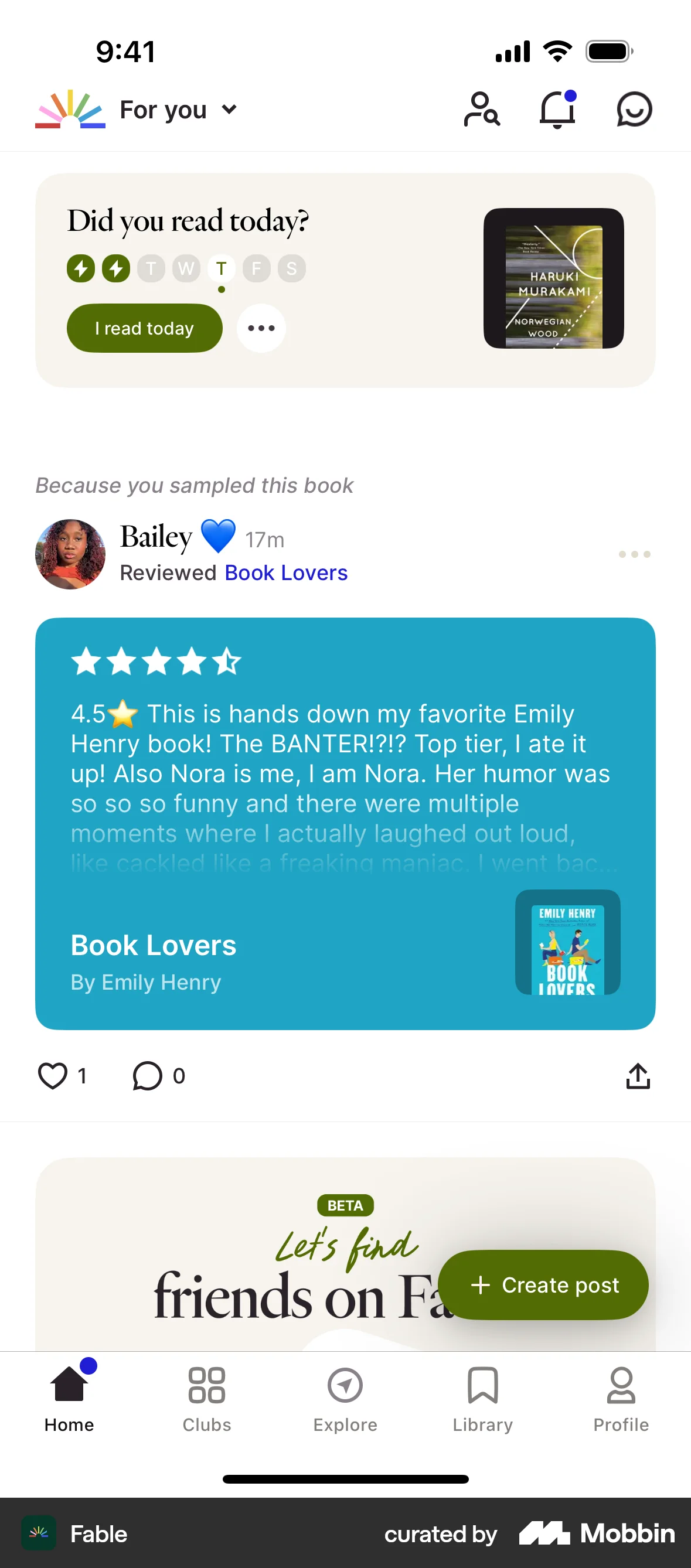 Fable iOS Home Feed containing Progress Indicator, Status Dot, Floating Action Button, Tab Bar, Toolbar & Top Navigation Bar UI elements