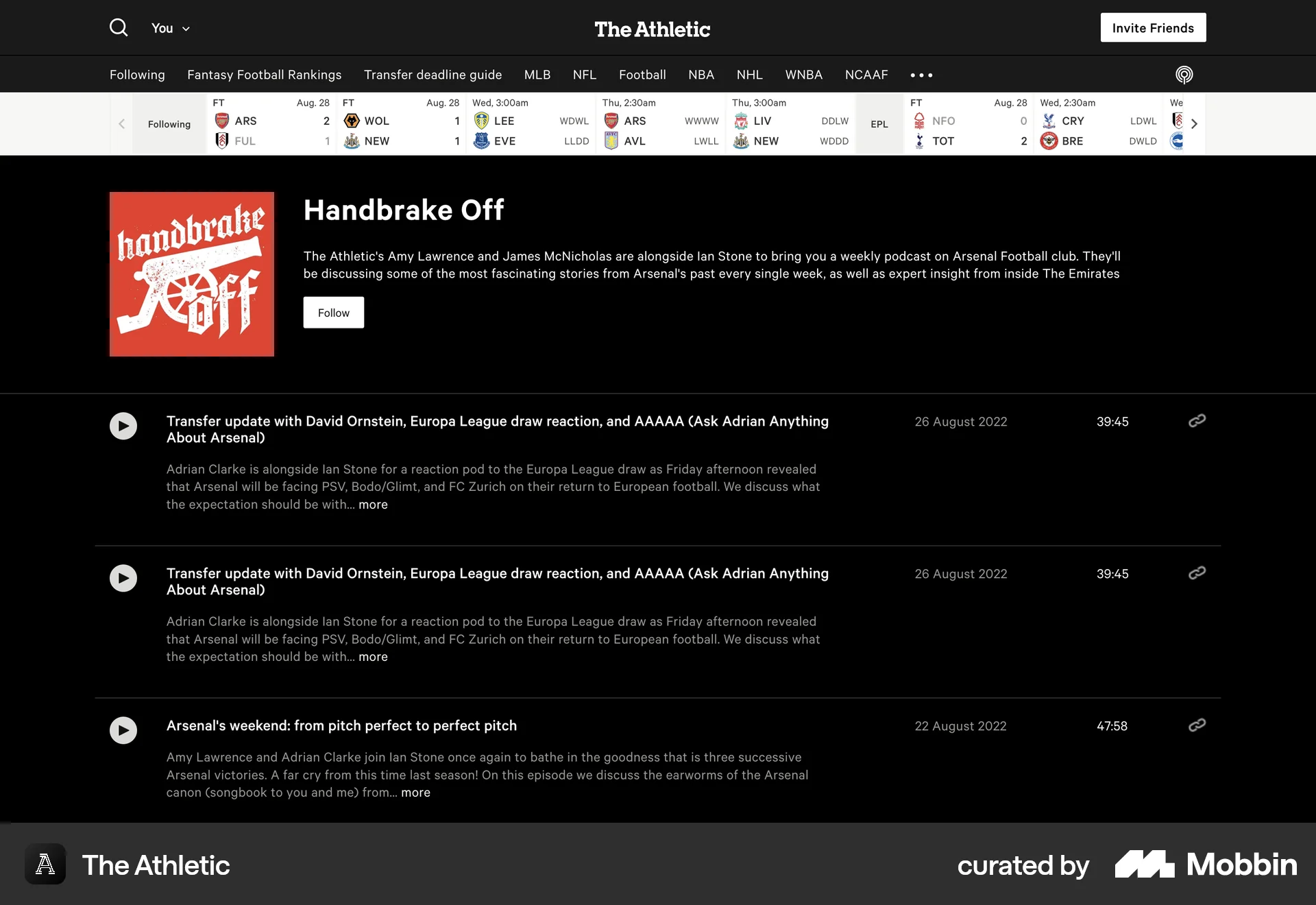 The Athletic Web Song & Podcast Detail screen