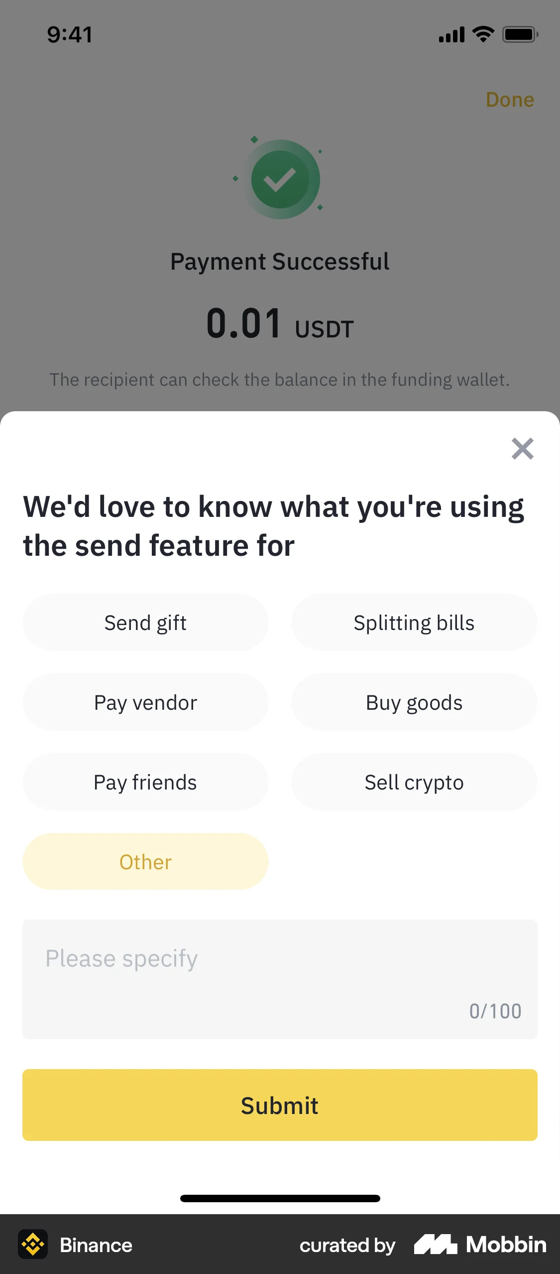 Binance iOS Feedback screen