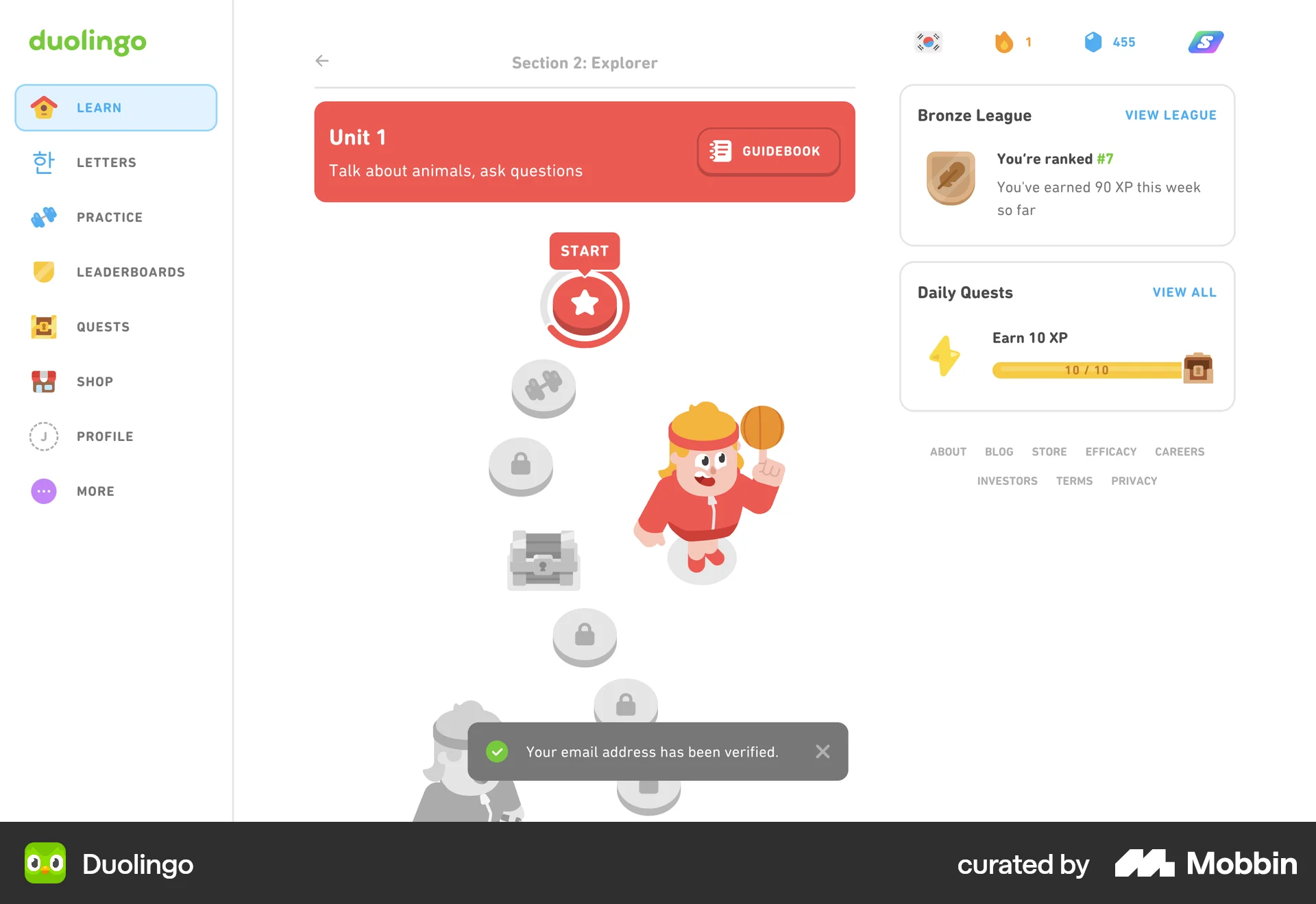 Duolingo Web screen containing Toast UI element