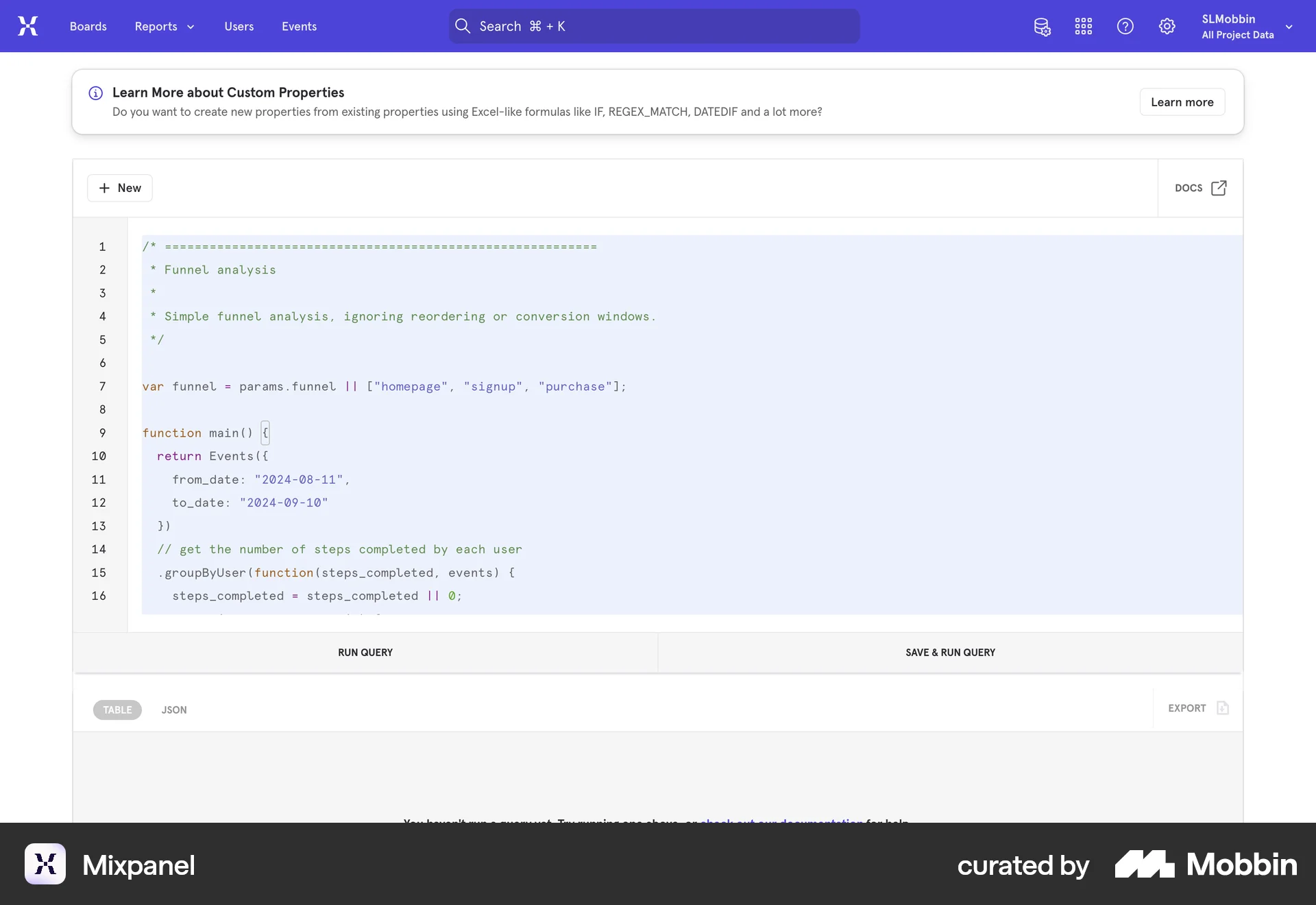 Mixpanel Web Code Editor screen