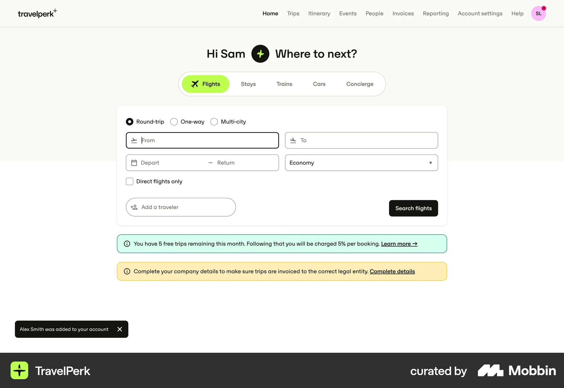 TravelPerk Web screen containing Toast UI element