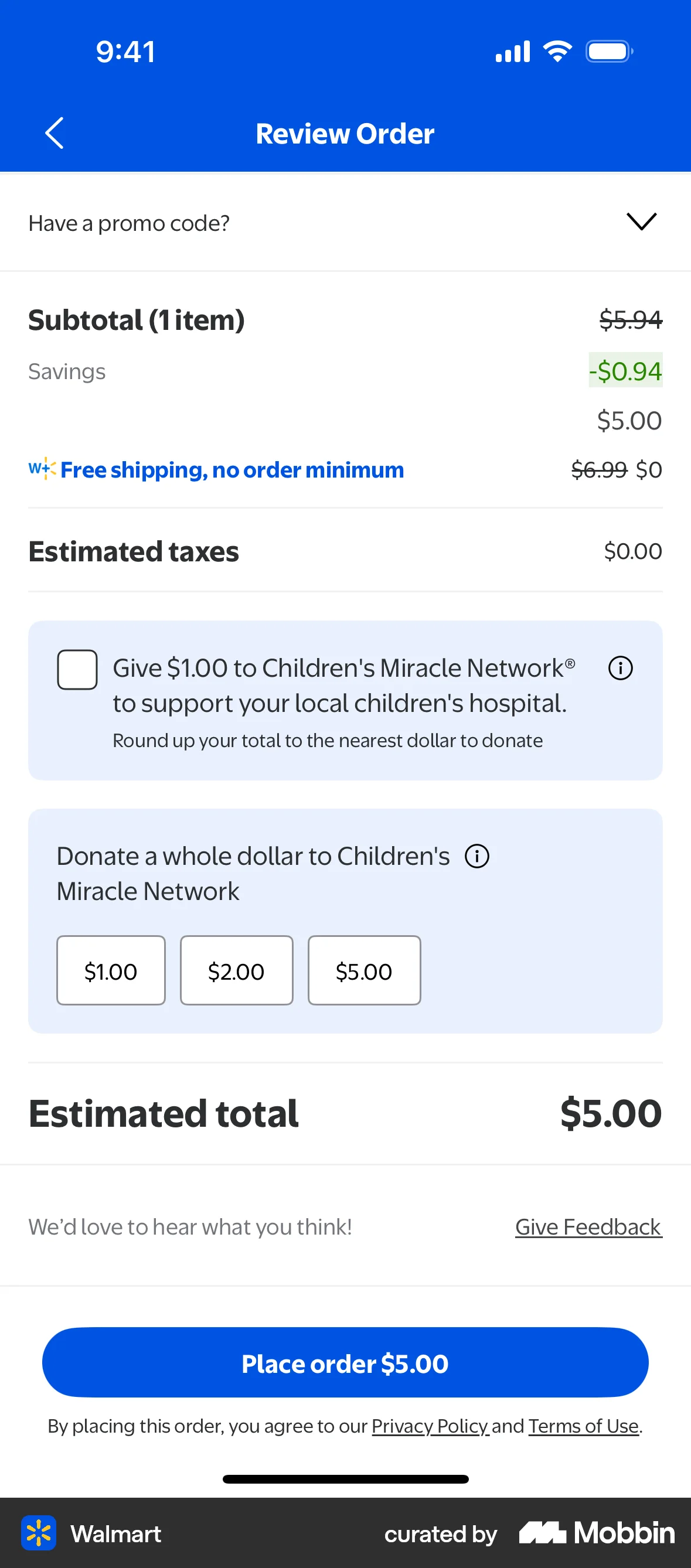 Walmart iOS Checkout screen