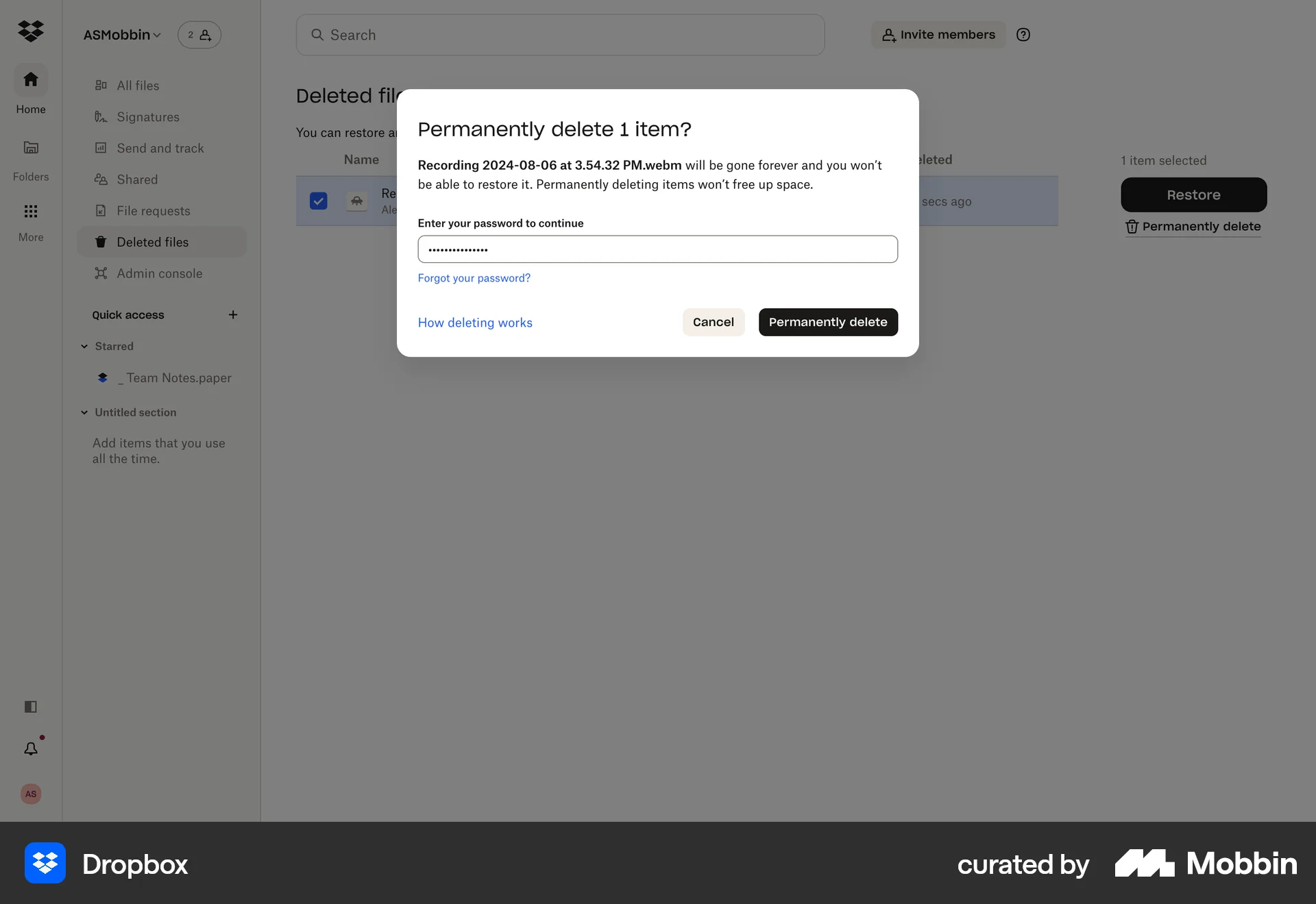 Dropbox Web Delete screen