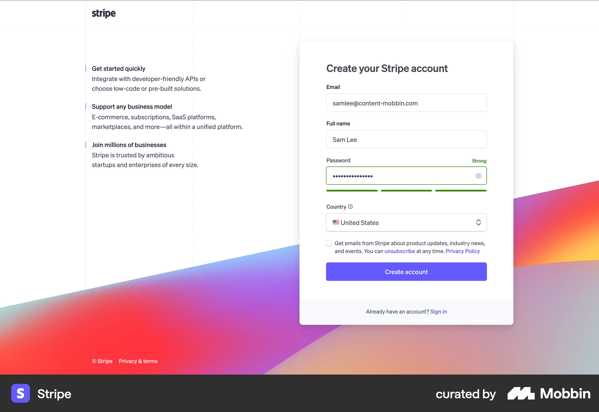 Stripe Web Signup screen