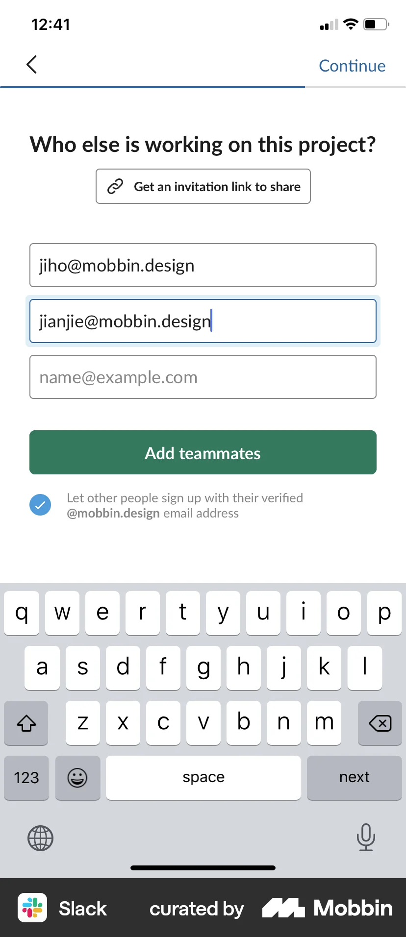 Slack iOS Invite Teammates screen
