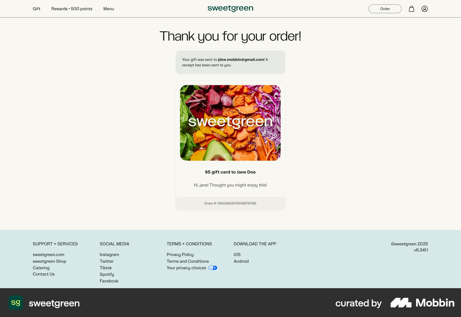 sweetgreen Web Order Confirmation screen