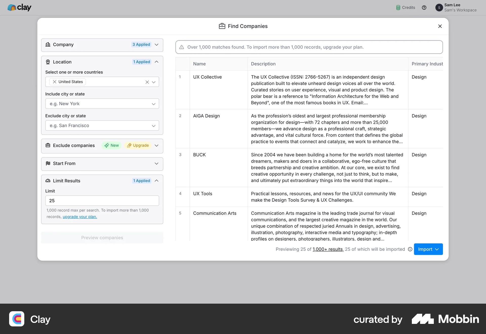Clay Web Import & Export screen