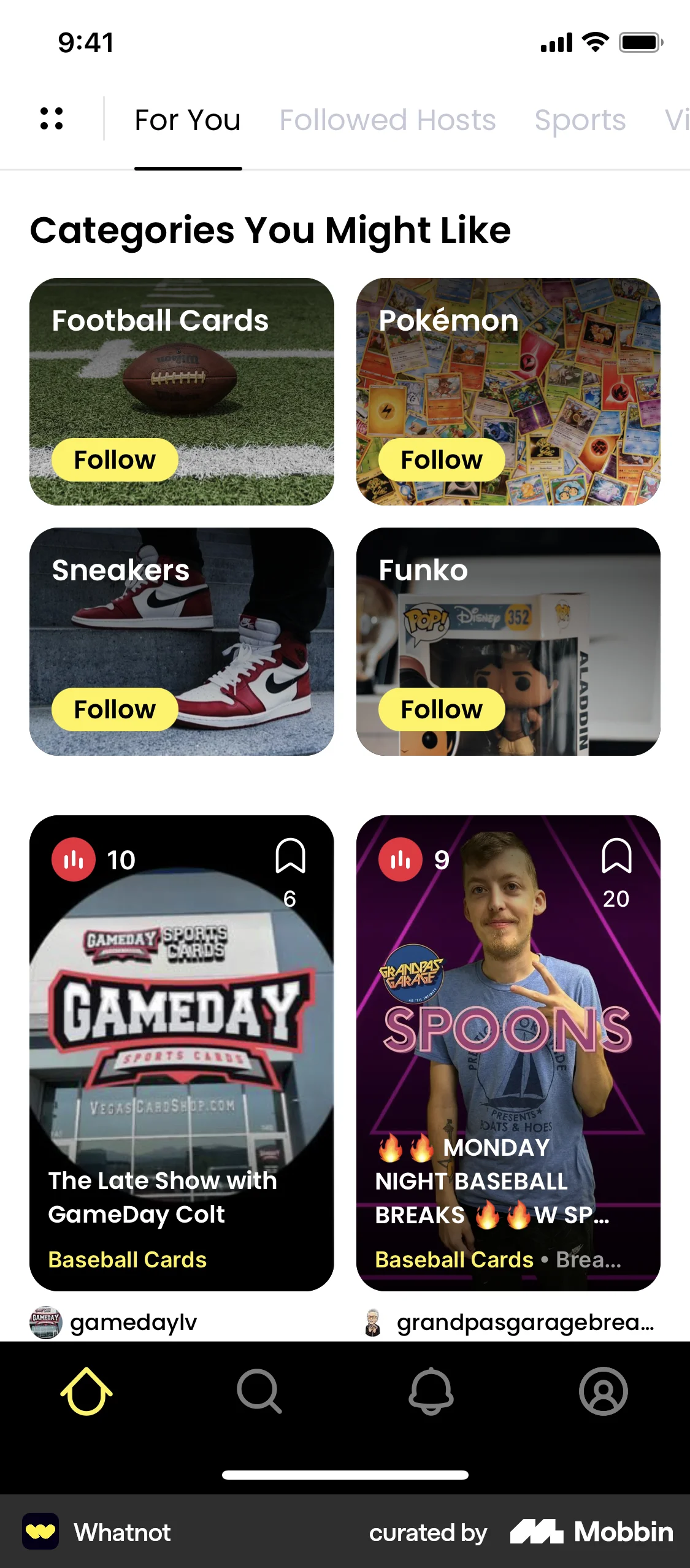 Whatnot iOS screen containing Gallery UI element